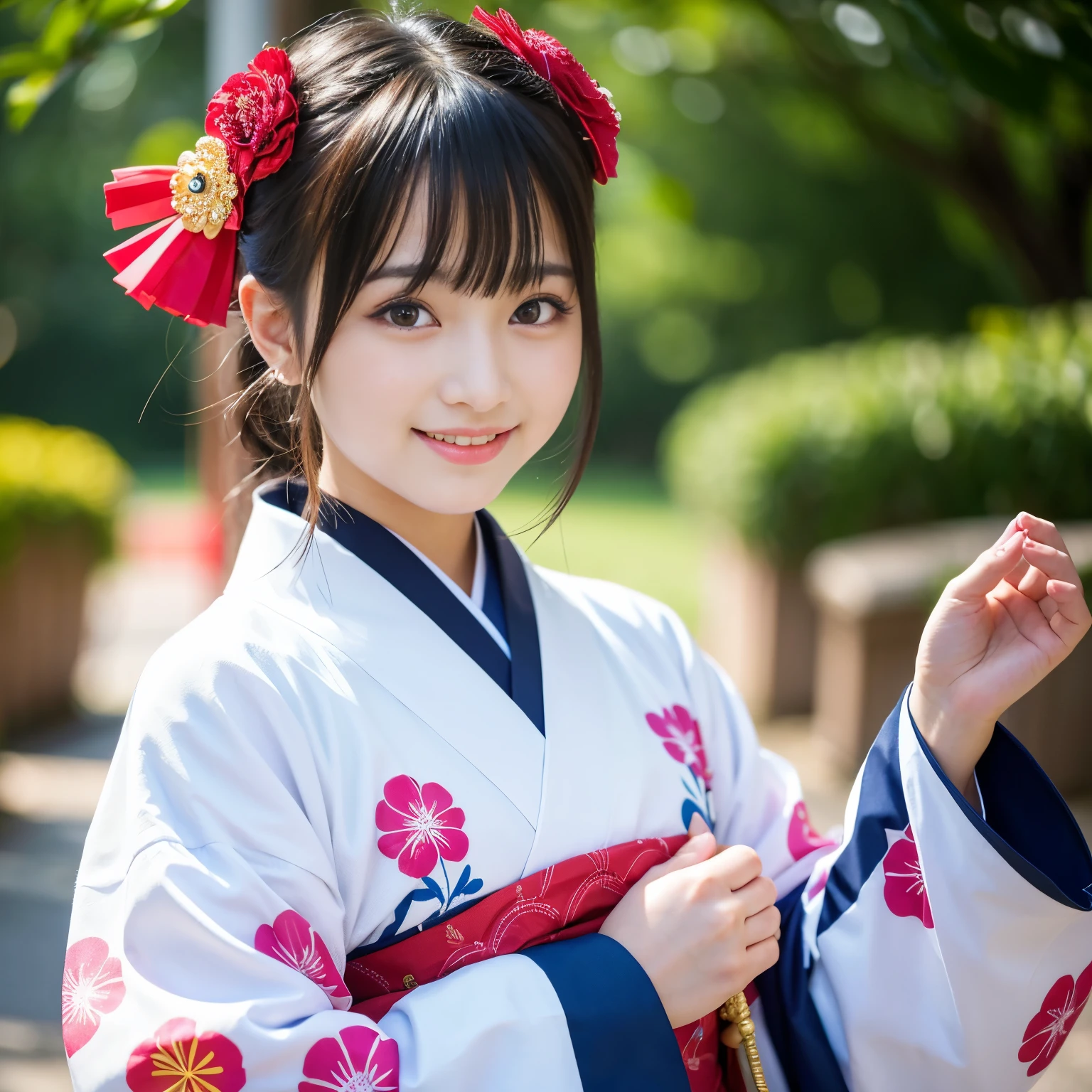 wearing only FURISODE, Best-quality, Masterpiece, Ultra-High-Resolution, (Photorealistic:1.4), Raw-Photo, 1girl, solo, 20-years-old, the most famous Japanese idol, extremely cute face, extremely cute big-black-eyes, extremely cute hairstyle, extremely beautiful and extremely realistic skins, extremely cute eyelashes, extremely cute lips, cowboy-shot, innocent-smile, dynamic-pose, detailed FURISODE