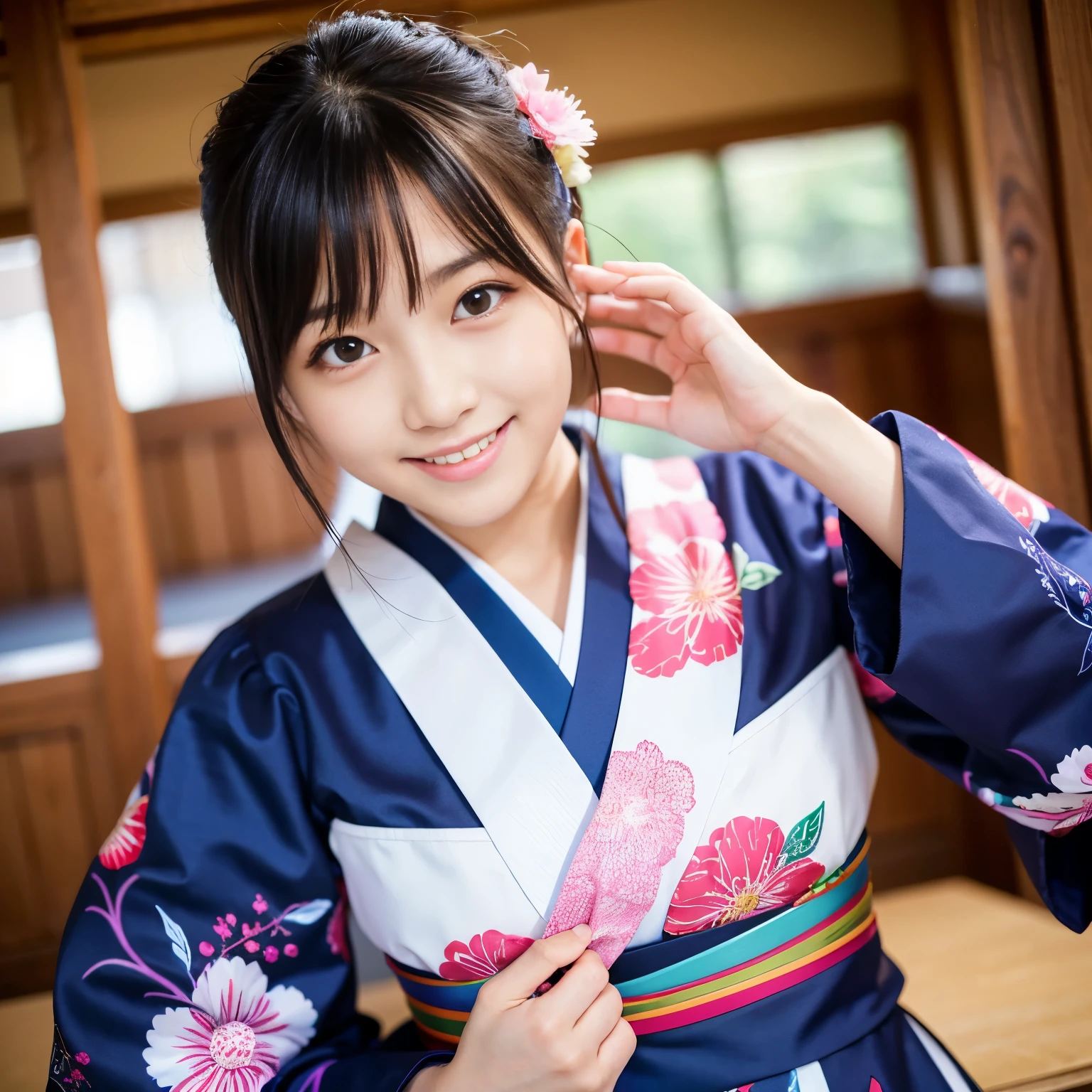 wearing only FURISODE, Best-quality, Masterpiece, Ultra-High-Resolution, (Photorealistic:1.4), Raw-Photo, 1girl, solo, 20-years-old, the most famous Japanese idol, extremely cute face, extremely cute big-black-eyes, extremely cute hairstyle, extremely beautiful and extremely realistic skins, extremely cute eyelashes, extremely cute lips, cowboy-shot, innocent-smile, dynamic-pose, detailed FURISODE