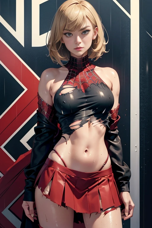 Yvonne Strahovski、マーベル・コミック映画のposter, very beautiful, movies about spiderman, sexy, whole body, I'm wearing a skirt、premiere date, poster、belly buttonを突き出す、new york、she&#39;s wearing a torn spiderman suit,the suit is torn、wearing a skirt、 red and black color scheme,dynamic、masterpiece、highest quality、super detailed、very detailed、A delicate and beautiful shine、超A high resolution、cinematic,tear,teardrop,(torn clothes:1.5), (wet clothes:1.4), bare shoulders,real rain,wet hair,belly button、exposing skin、sexyな肩を見せてる