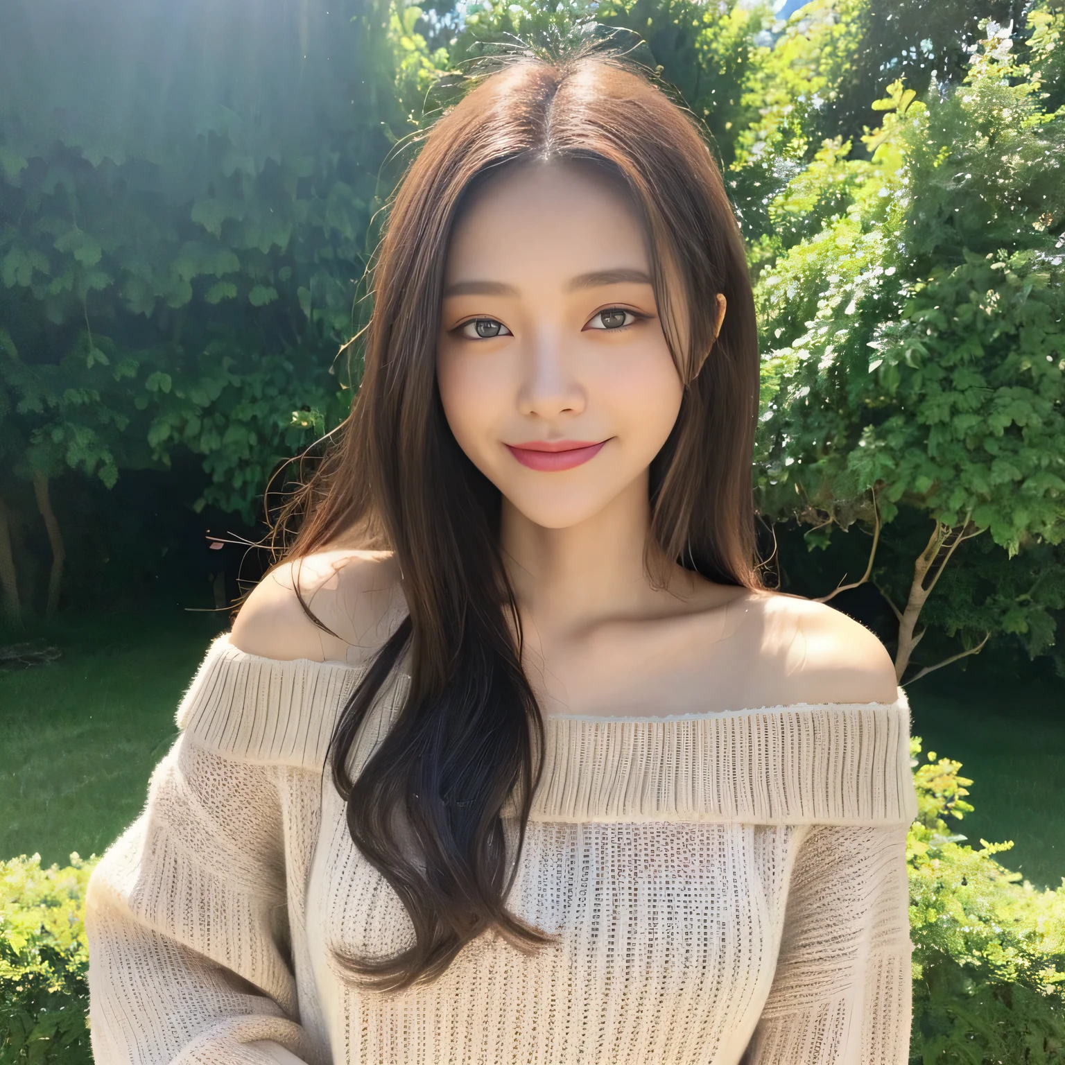 ((highest quality, 8K, masterpiece:1.3)), concentrated:1.2, perfect body beauty:1.4, buttocks:1.2, ((delicate hair)), (Colorful Solid Cold Shoulder Oversized Sweater、 :1.1) , ((highest quality、8K、masterpiece:1.3))、1 girl、A sloppy smile、Full body Esbian、slim face、big 、Beautiful woman、(dark brown hair)、、1.1、Flickering Valley、detailed eyes、double eyelid、blurred background、超slim face、look down、garden、