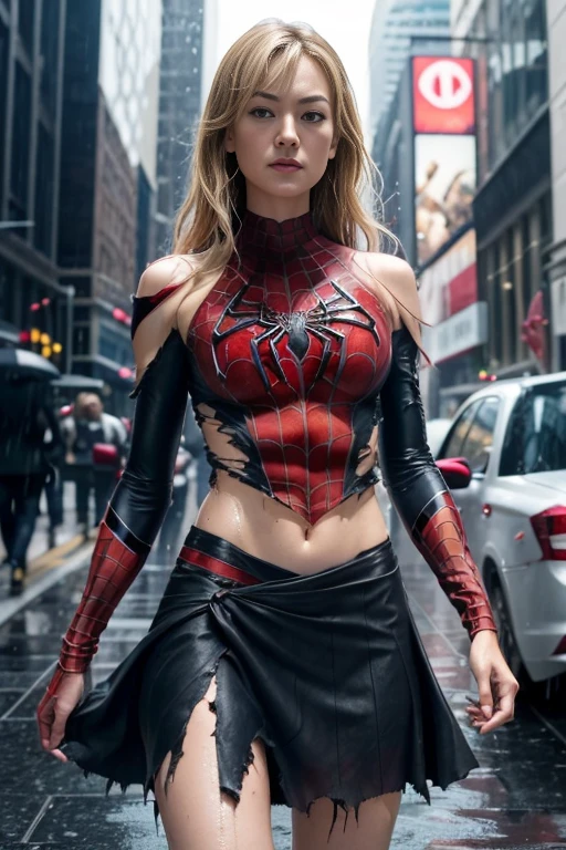 Yvonne Strahovski、マーベル・コミック映画のposter, very beautiful, movies about spiderman, sexy, whole body, I'm wearing a skirt、premiere date, poster、belly buttonを突き出す、new york、she&#39;s wearing a torn spiderman suit,the suit is torn、wearing a skirt、 red and black color scheme,dynamic、masterpiece、highest quality、super detailed、very detailed、A delicate and beautiful shine、超A high resolution、cinematic,tear,teardrop,(torn clothes:1.5), (wet clothes:1.4), bare shoulders,real rain,wet hair,belly button、exposing skin、sexyな肩を見せてる