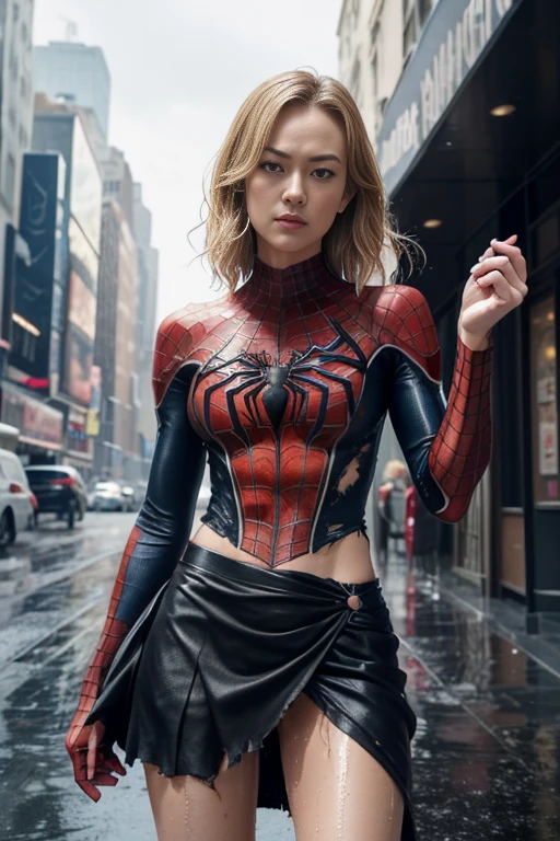 Yvonne Strahovski、マーベル・コミック映画のposter, very beautiful, movies about spiderman, sexy, whole body, I'm wearing a skirt、premiere date, poster、belly buttonを突き出す、new york、she&#39;s wearing a torn spiderman suit,the suit is torn、wearing a skirt、 red and black color scheme,dynamic、masterpiece、highest quality、super detailed、very detailed、A delicate and beautiful shine、超A high resolution、cinematic,tear,teardrop,(torn clothes:1.5), (wet clothes:1.4), bare shoulders,real rain,wet hair,belly button、exposing skin、sexyな肩を見せてる