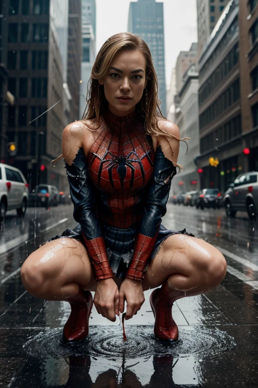 Yvonne Strahovski、squatting down、マーベル・コミック映画のposter, very beautiful, movies about spiderman, sexy, whole body, I'm wearing a skirt、premiere date, poster、belly buttonを突き出す、new york、she's wearing a torn spiderman suit,the suit is torn、wearing a skirt、 red and black color scheme,dynamic、masterpiece、highest quality、super detailed、very detailed、A delicate and beautiful shine、超A high resolution、cinematic,tear,teardrop,(torn clothes:1.5), (wet clothes:1.4), bare shoulders,real rain,wet hair,belly button、exposing skin、sexyな肩を見せてる