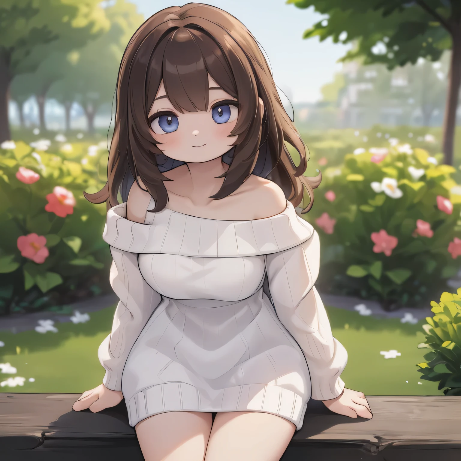 ((highest quality, 8K, masterpiece:1.3)), concentrated:1.2, perfect body beauty:1.4, buttocks:1.2, ((delicate hair)), (Colorful Solid Cold Shoulder Oversized Sweater、 :1.1) , ((highest quality、8K、masterpiece:1.3))、1 girl、A sloppy smile、Full body Esbian、slim face、big 、Beautiful woman、(dark brown hair)、、1.1、Flickering Valley、detailed eyes、double eyelid、blurred background、超slim face、look down、garden、