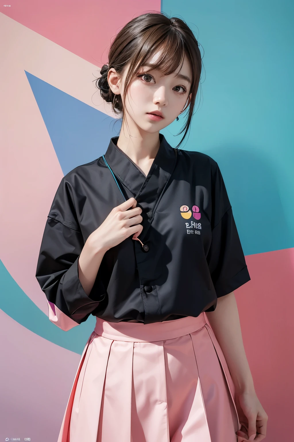 Arapé girl wearing multi-colored casual clothes in front of a colorful background, official artwork, still promotion, official art, Photo shoot, Promotional photos, Aya Takano Color Style, Chiho, Promotional art, promo shot, colorful photos, promo still, Promotional images, Photo shoot, best artist, Portrait of Korean twenties,  Random Actions,