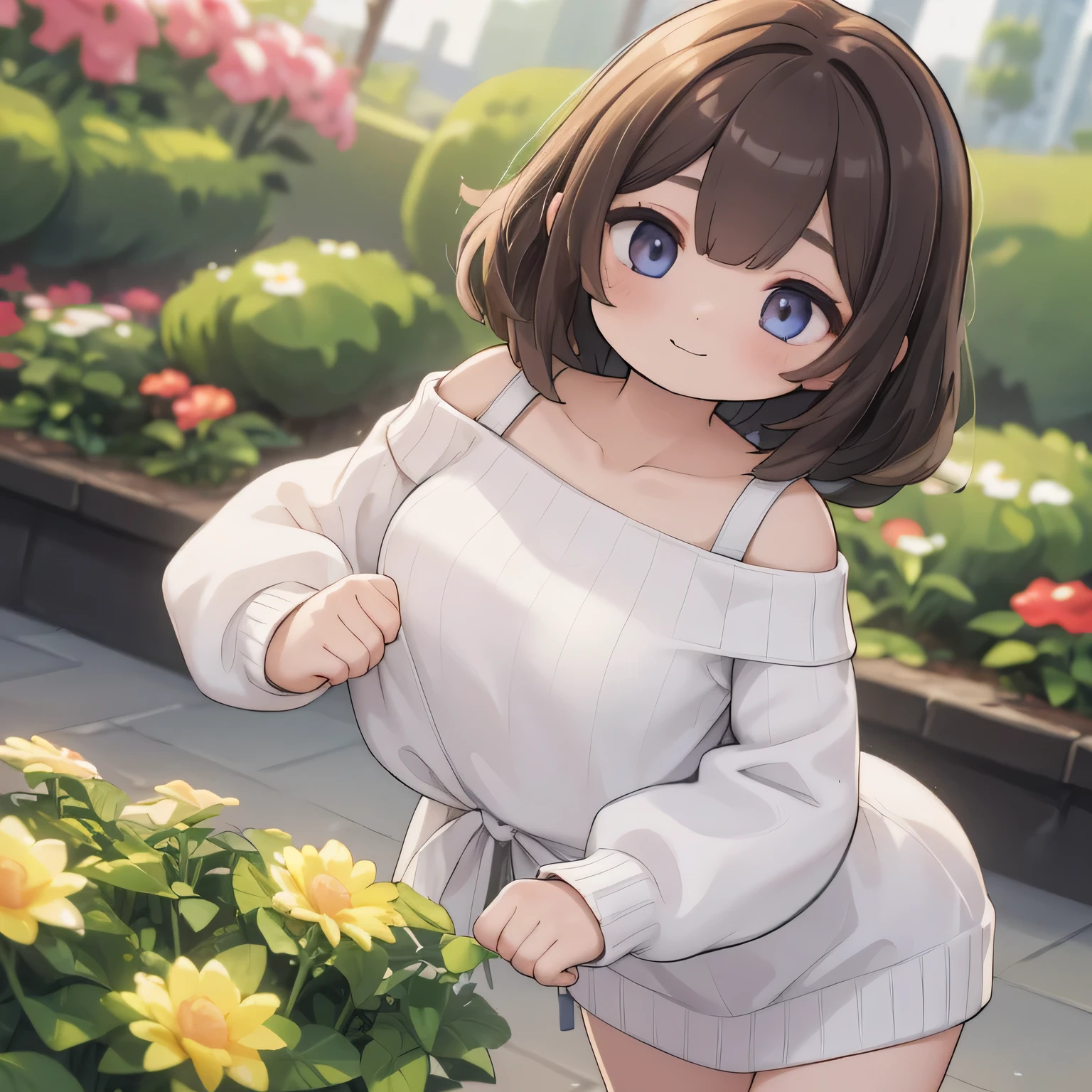 ((highest quality, 8K, masterpiece:1.3)), concentrated:1.2, perfect body beauty:1.4, buttocks:1.2, ((delicate hair)), (Colorful Solid Cold Shoulder Oversized Sweater、 :1.1) , ((highest quality、8K、masterpiece:1.3))、1 girl、A sloppy smile、Full body Esbian、slim face、big 、Beautiful woman、(dark brown hair)、、1.1、Flickering Valley、detailed eyes、double eyelid、blurred background、超slim face、look down、garden、