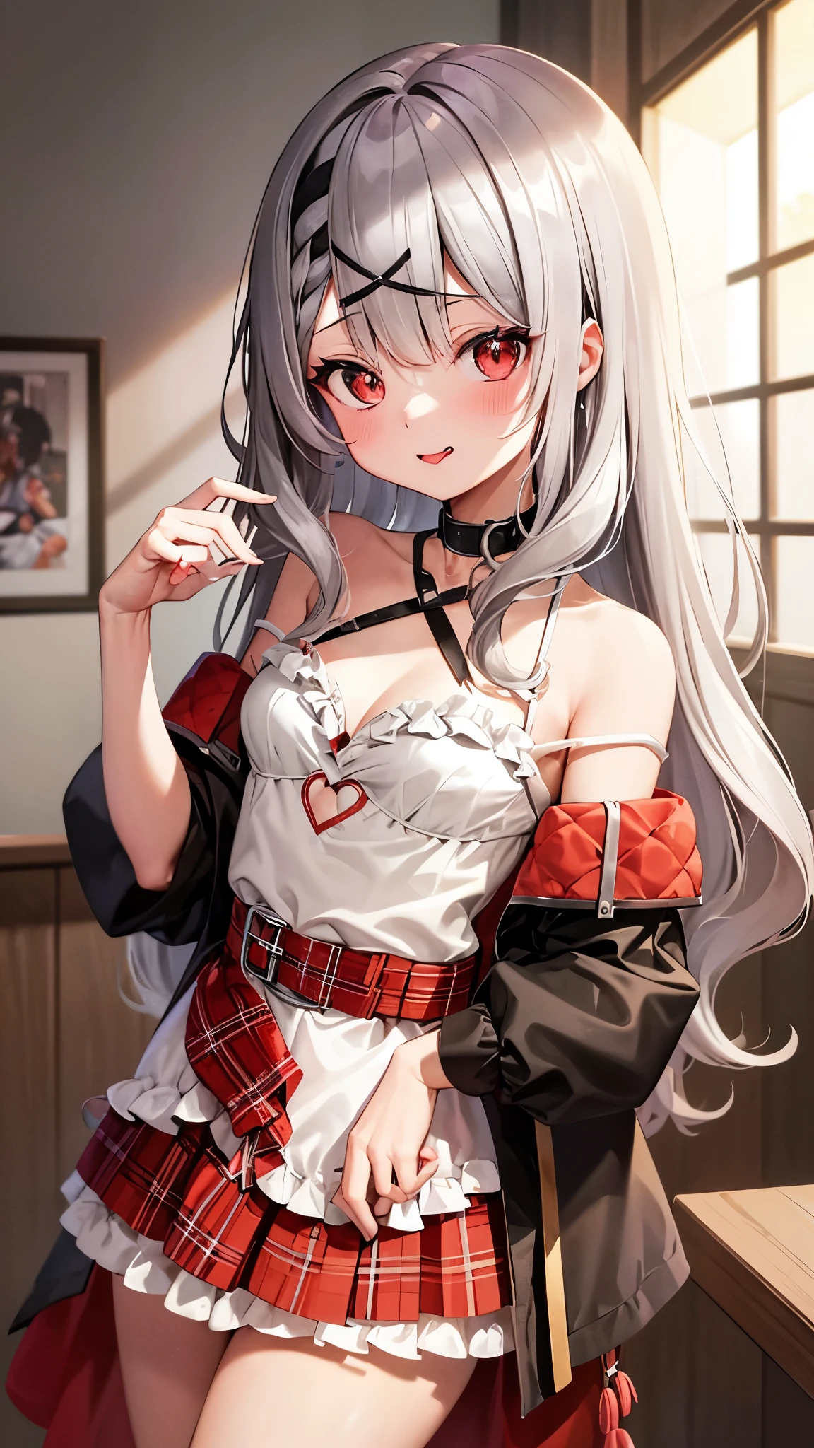 8K, High resolution, super detailed, (masterpiece:1.4), highest quality, 1 girl ,  Sakamata Chloe,asymmetrical hair , silver hair ,  (long straight hair),double-parted bangs , gray hair ,  put your hand on your waist , indoors , leaning forward ,  long hair , looking at the viewer , medium breasts ,   pov , shoulder cutout ,  Are standing , striped hair , stick out tongue , 