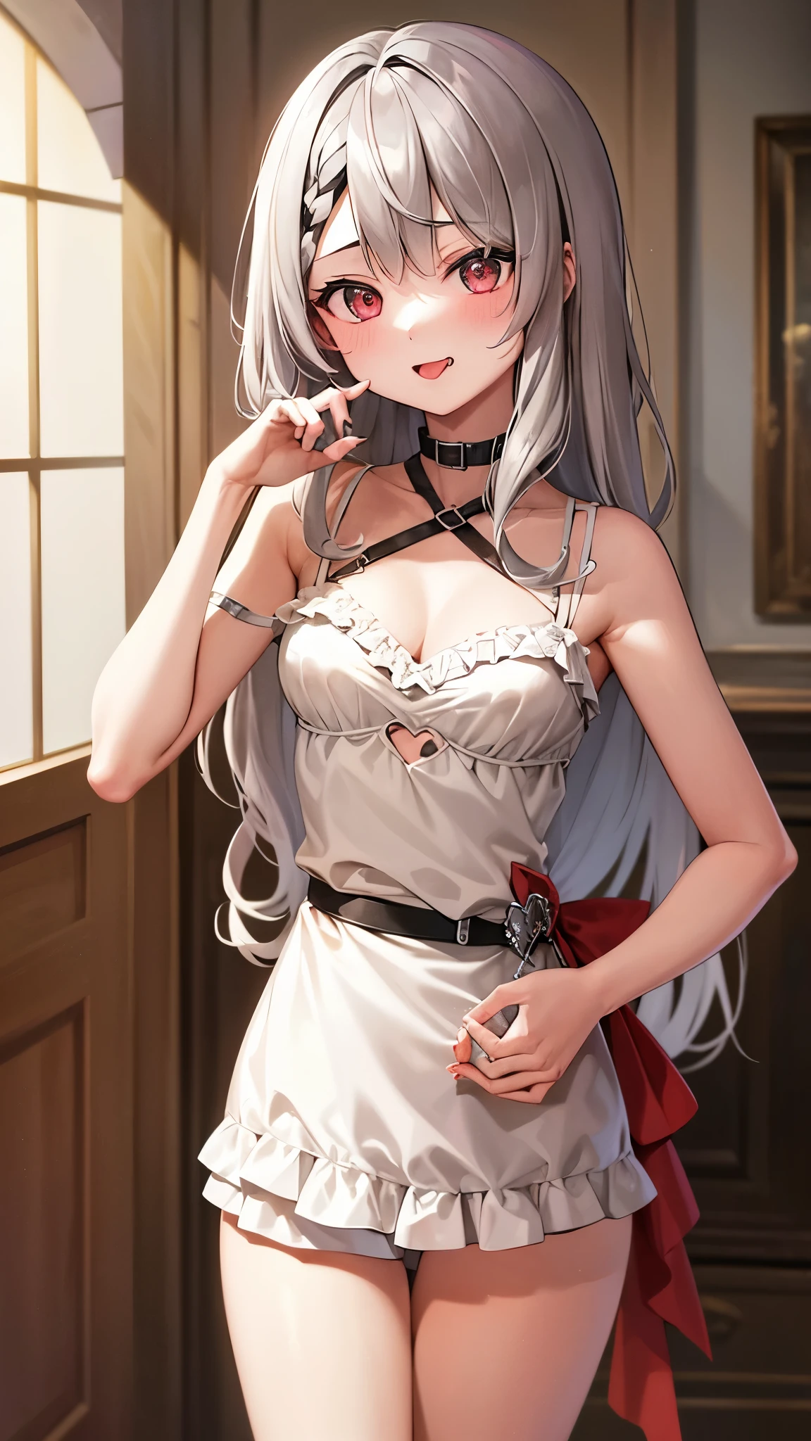 8K, High resolution, super detailed, (masterpiece:1.4), highest quality, 1 girl ,  Sakamata Chloe,asymmetrical hair , silver hair ,  (long straight hair),double-parted bangs , gray hair ,  put your hand on your waist , indoors , leaning forward ,  long hair , looking at the viewer , medium breasts ,   pov , shoulder cutout ,  Are standing , striped hair , stick out tongue , 