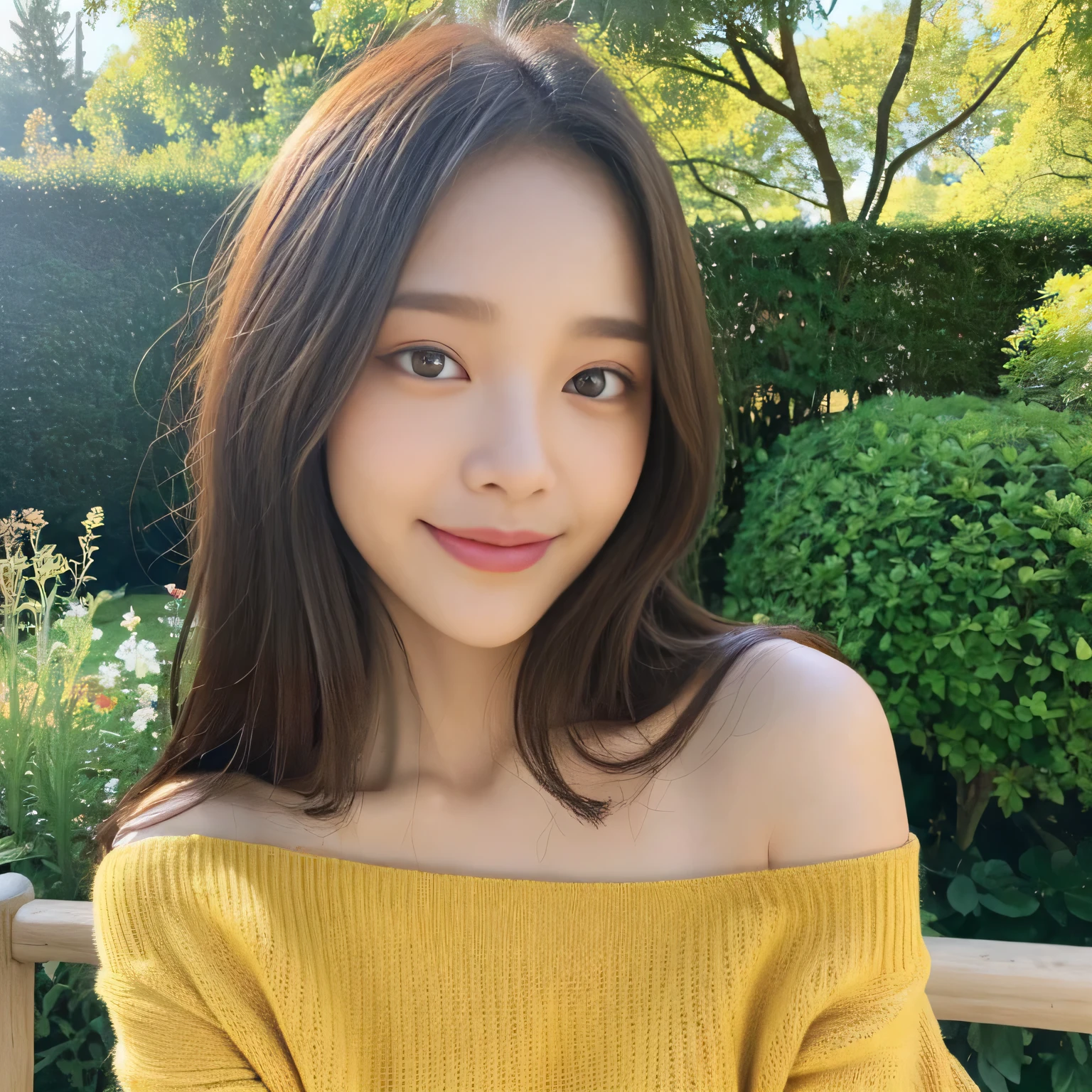 ((highest quality, 8K, masterpiece:1.3)), concentrated:1.2, perfect body beauty:1.4, buttocks:1.2, ((delicate hair)), (Colorful Solid Cold Shoulder Oversized Sweater、 :1.1) , ((highest quality、8K、masterpiece:1.3))、1 girl、A sloppy smile、Full body Esbian、slim face、big 、Beautiful woman、(dark brown hair)、、1.1、Flickering Valley、detailed eyes、double eyelid、blurred background、超slim face、look down、garden、