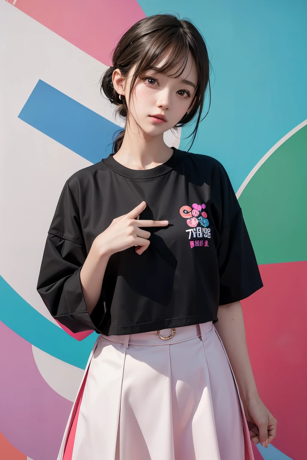 Arapé girl wearing multi-colored casual clothes in front of a colorful background, official artwork, still promotion, official art, Photo shoot, Promotional photos, Aya Takano Color Style, Chiho, Promotional art, promo shot, colorful photos, promo still, Promotional images, Photo shoot, best artist, Portrait of Korean twenties, Random Actions,