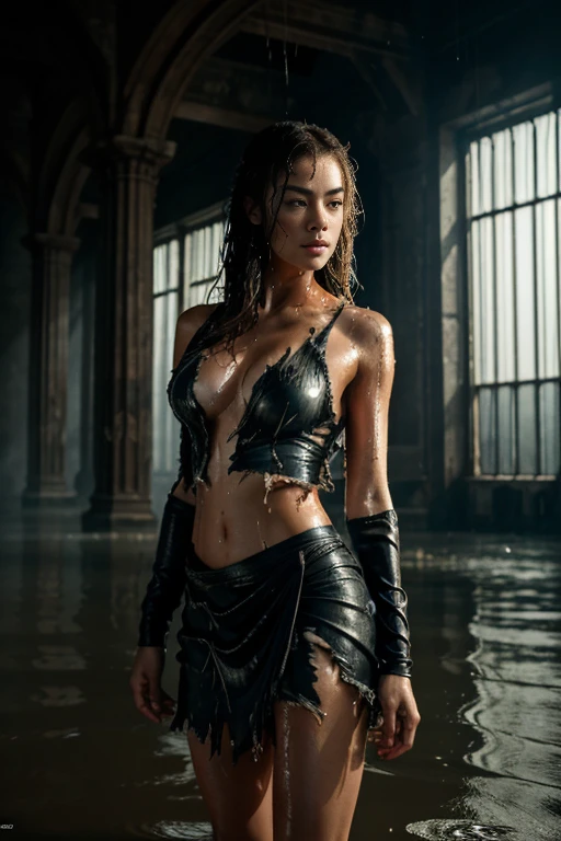 (highest quality, masterpiece),( dark sky, heavy rain, Inside the abandoned temple, Low water level stagnant water, ), realistic background, 2112, light*_black_particle,Yvonne Strahovski、マーベル・コミック映画のposter, very beautiful, movies about spiderman, sexy, whole body, I'm wearing a skirt、premiere date, poster、belly buttonを突き出す、new york、she&#39;s wearing a torn spiderman suit,the suit is torn、wearing a skirt、 赤とblackの配色,dynamic、masterpiece、highest quality、super detailed、very detailed、A delicate and beautiful shine、超A high resolution、cinematic,tear,teardrop,(torn clothes:1.5), (wet clothes:1.4), bare shoulders,real rain,wet hair,belly button、exposing skin、sexyな肩を見せてる