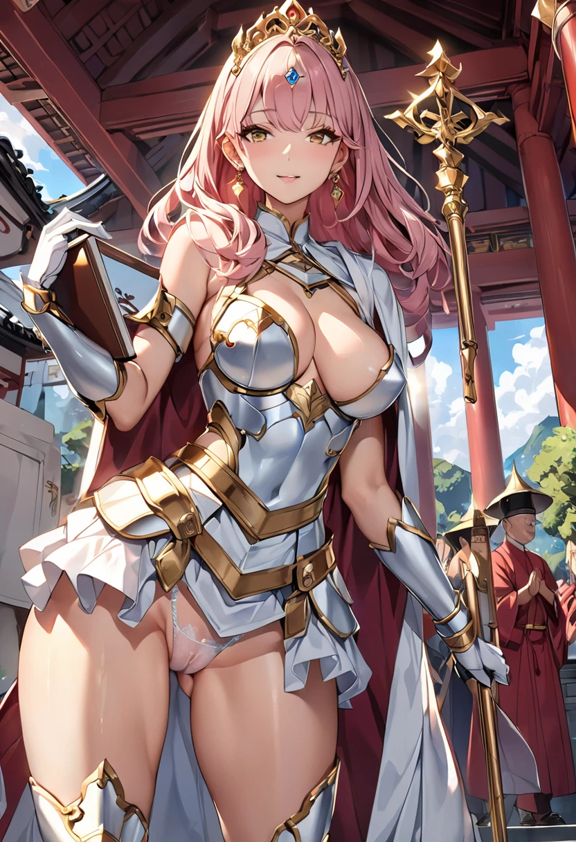 NSFW, masterpiece、highest quality、ultra high resolution、maximum resolution、very detailed、professional lighting、anime、adult woman、thin、so beautiful、beautiful face、armored dress、White full plate armor、Golden decoration、luxurious tiara、Golden earrings、Frilly Armor、pink hair、Golden Eyes、gold belt、cloak、Priest、Holds a gorgeous walking stick and book、white underwear、temple,