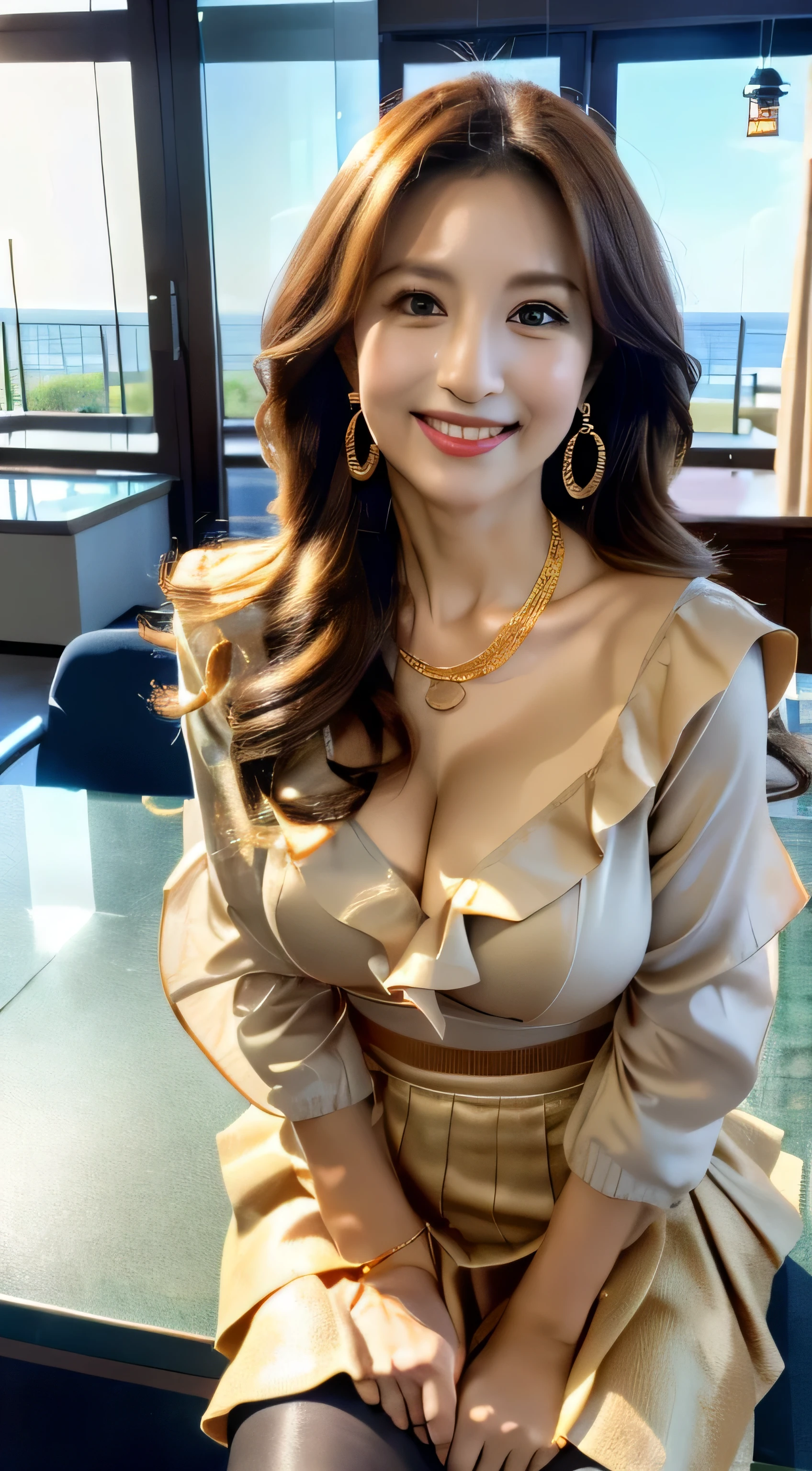 Ulchan-6500-v1.1, (Raw photo:1.2), (Photoreal), beautiful, (genuine: 1.4), very detailedな目と顔, beautiful and fine eyes, standing in the office、(super realistic pantyhose、high heels)、standing cross-legged、huge file size, High resolution, very detailed, highest quality, [masterpiece:1.6], enlightenment, very detailed, nffsw, finely, highest quality, 8k wallpaper, movie lighting, 1 milf, 43 years old, perfect body shape, cute drooping eyes,Beautiful big eyes、pick finger, ((table top)), highest quality, 1 milf, eye shadow, portrait, ((full body shot:1.4))、(very affectionate smile:1.2)、((brown super long hair:1.2))((Loosely wavy hair:1.3))((white ruffle blouse＿white mini skirt:1.2))((Gold Necklace＿big earrings:1.3))