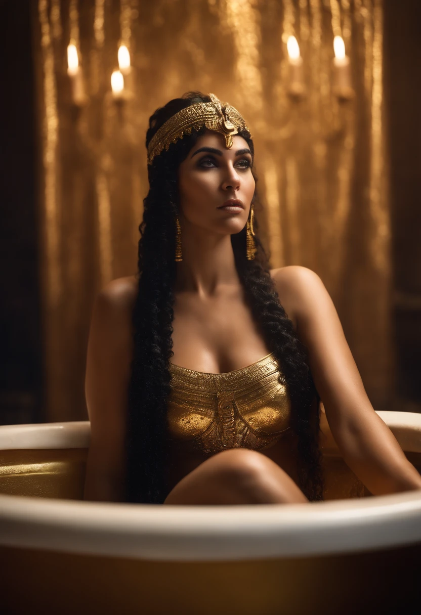 A high quality, realistic depiction of naked Cleopatra, Queen of the Nile, bathing in her golden huge bathtub, bathed in donkey's milk, dripping down her naked breasts ,surrounded by warm candlelight