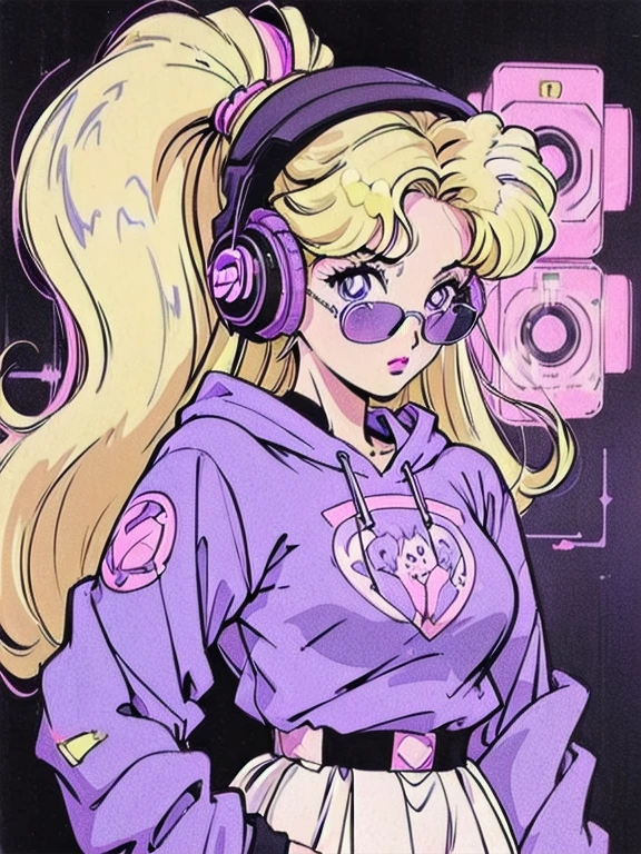 (Blonde Barbie:1.2),(vintage 90's:1.1),(romance anime style:1.3), clear glasses, headphones, dark cyberpunk, dark color scheme with a black and purple background, curly hair, oversized baggy sweatshirt, ssolo