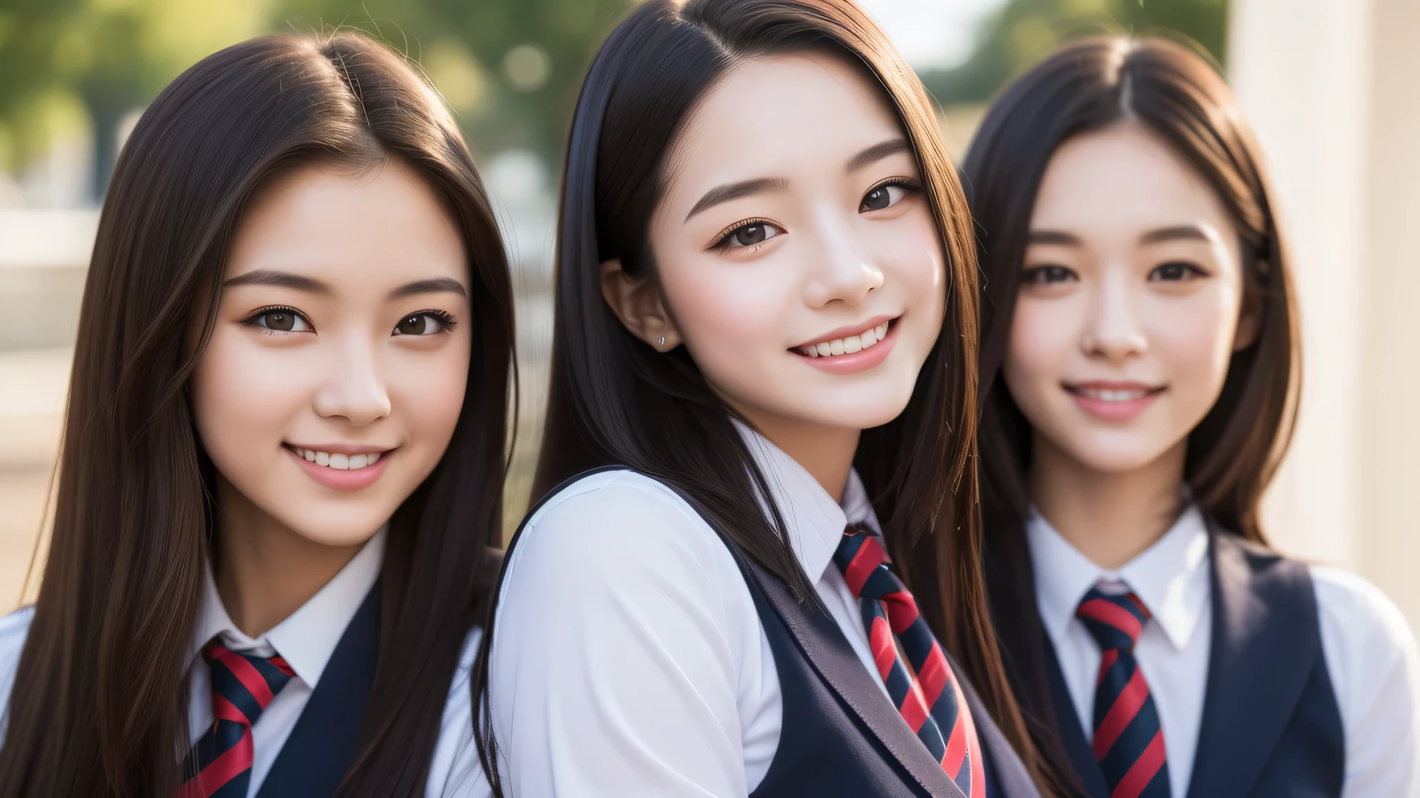 2girl, beautiful girls, enchanting smile, (highly detailed eyes, highly detailed face), Fresh, very clean appearance, (hyper-realistic, hight resolution), (best Quality:1.4), Professional Photography, (high school uniform:1.2), focus on the face,