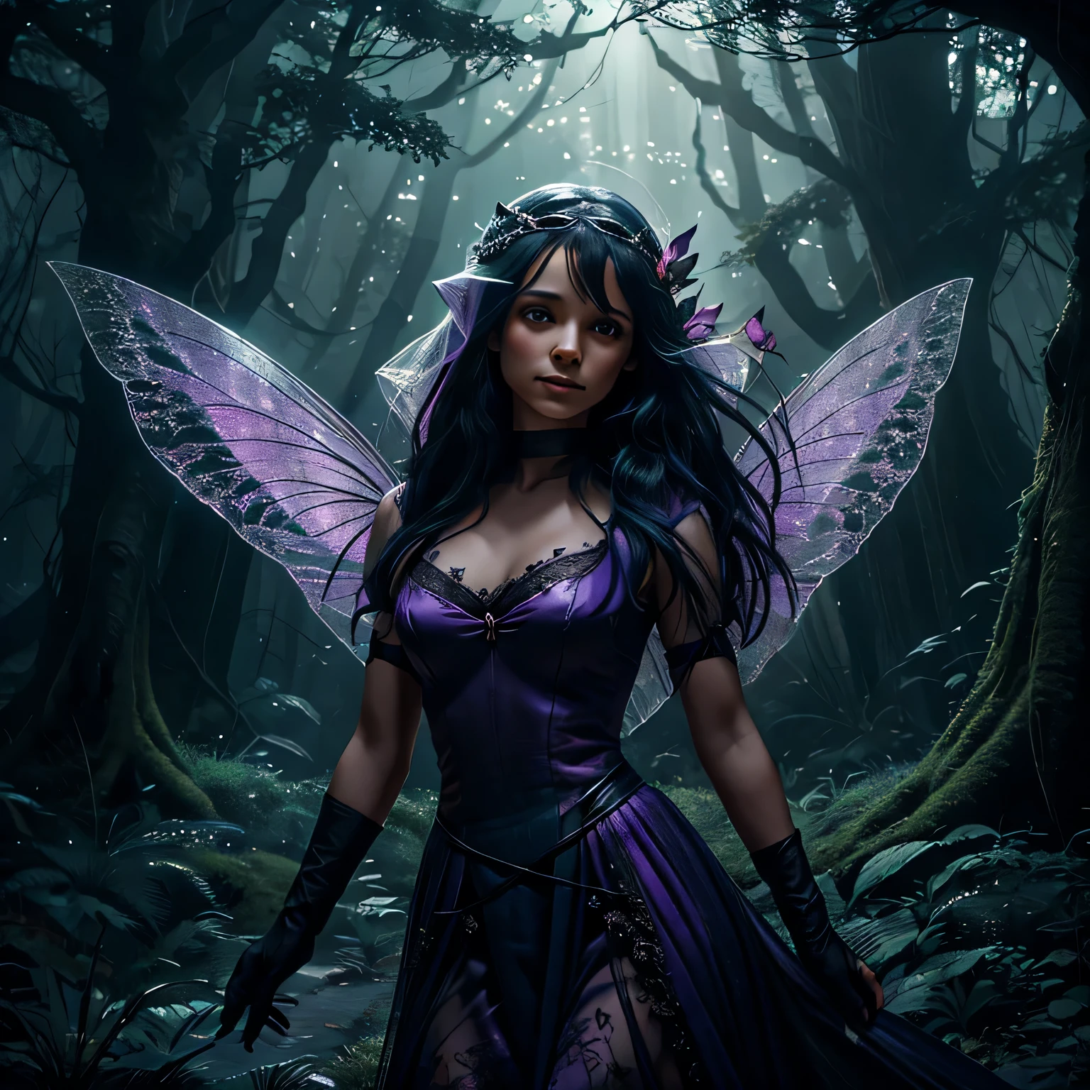 (quite secure), the fairy has wings, the fairy is struggling, the thief is wearing a veil and black gloves, the background is a dimly lit forest, the image quality is best quality, ultra-detailed, realistic, the art style is fantasy, the colors are vibrant and magical, the lighting is soft and diffused.