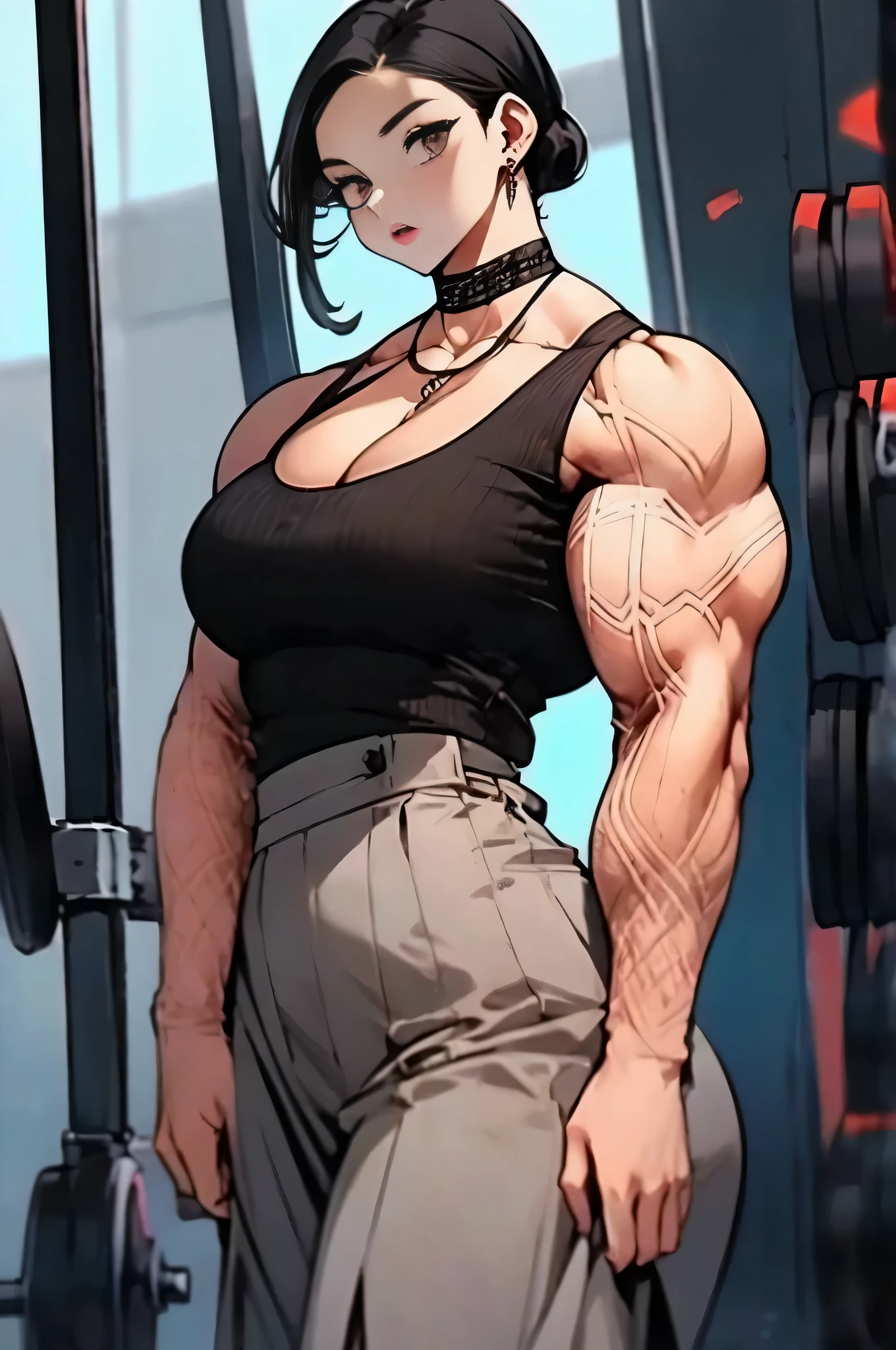 175 cm tall and weights 80 kg. Her chest is 107 cm, haunch 64 cm, biceps 38 cm in circumference