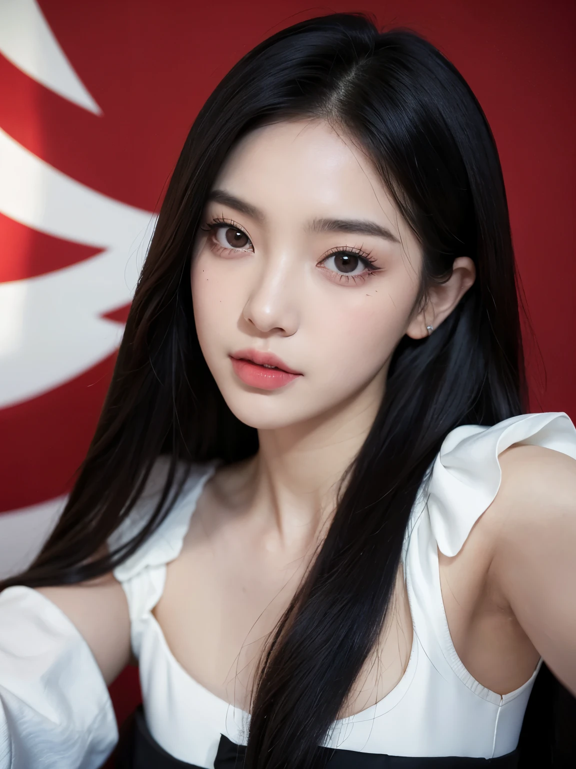 Kim jennie con el cabello negro oscuro, con rulos en las puntas del cabello negro oscuro, con un ganchito de estrella en el cabello negro oscuro, ojos de color claro, ojos bonitos, ojos llorosos, nariz bonita y respingada, labios bonitos, labios rosas, heart and cupid shaped lip, piel bonita, pale, piel blanca, con lunares y pecas en todo el rostro, rubor rosa suave en las mejilla, rubor rosa natural, maquillaje suave y rosa, jennie, cuellos bonito, cuello marcado, frown, mirada enojada, con un collar de beso, un collar bonito de beso, mientras tiene un traje de Yumeko Jabami, cospaly de Yumeko Jabami, mientras tiene el abdomen desnudo, delgado, marcado y bonito, (pechos grandes, pechos suaves, pechos bonitos, pechos naturales), mientras esta haciendo cospaly del personaje Yumeko Jabami, del anime Kakegurui, mirando a la camara, autofoto, selfie bonita