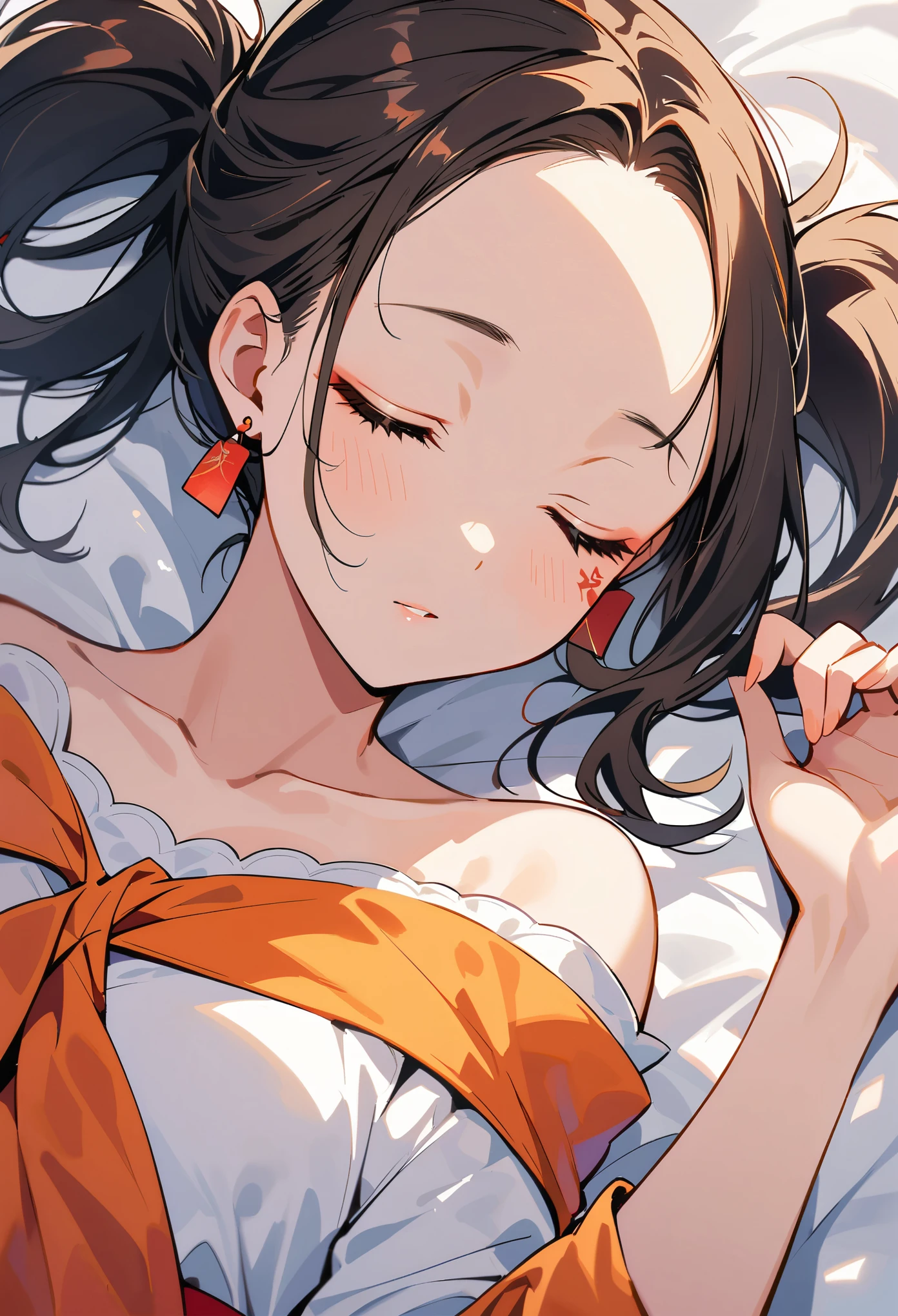 A Chinese beauty, wearing an off-shoulder white dress with a red sash and earrings in her ears, is lying flat in bed with her eyes closed, looking up at the camera from above. The background color is an orange fabric featuring dark hair in a long straight black double ponytail hairstyle and light makeup, highlighting her facial details and skin texture. Her whole body portrait photography was taken in the style of Canon cameras,