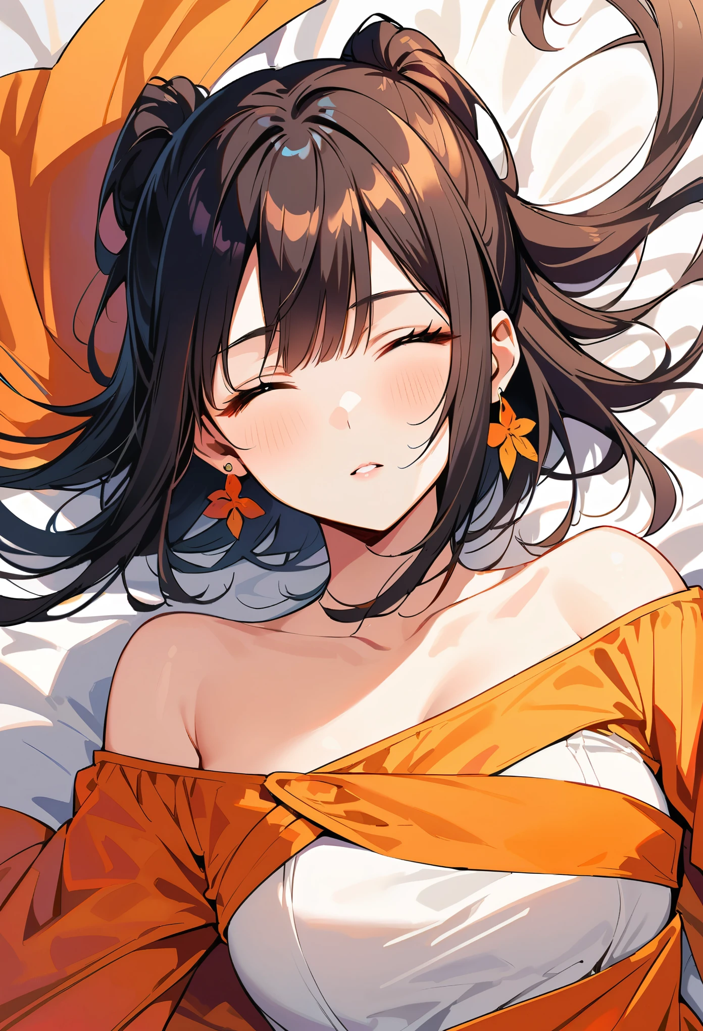 A Chinese beauty, wearing an off-shoulder white dress with a red sash and earrings in her ears, is lying flat in bed with her eyes closed, looking up at the camera from above. The background color is an orange fabric featuring dark hair in a long straight black double ponytail hairstyle and light makeup, highlighting her facial details and skin texture. Her whole body portrait photography was taken in the style of Canon cameras,