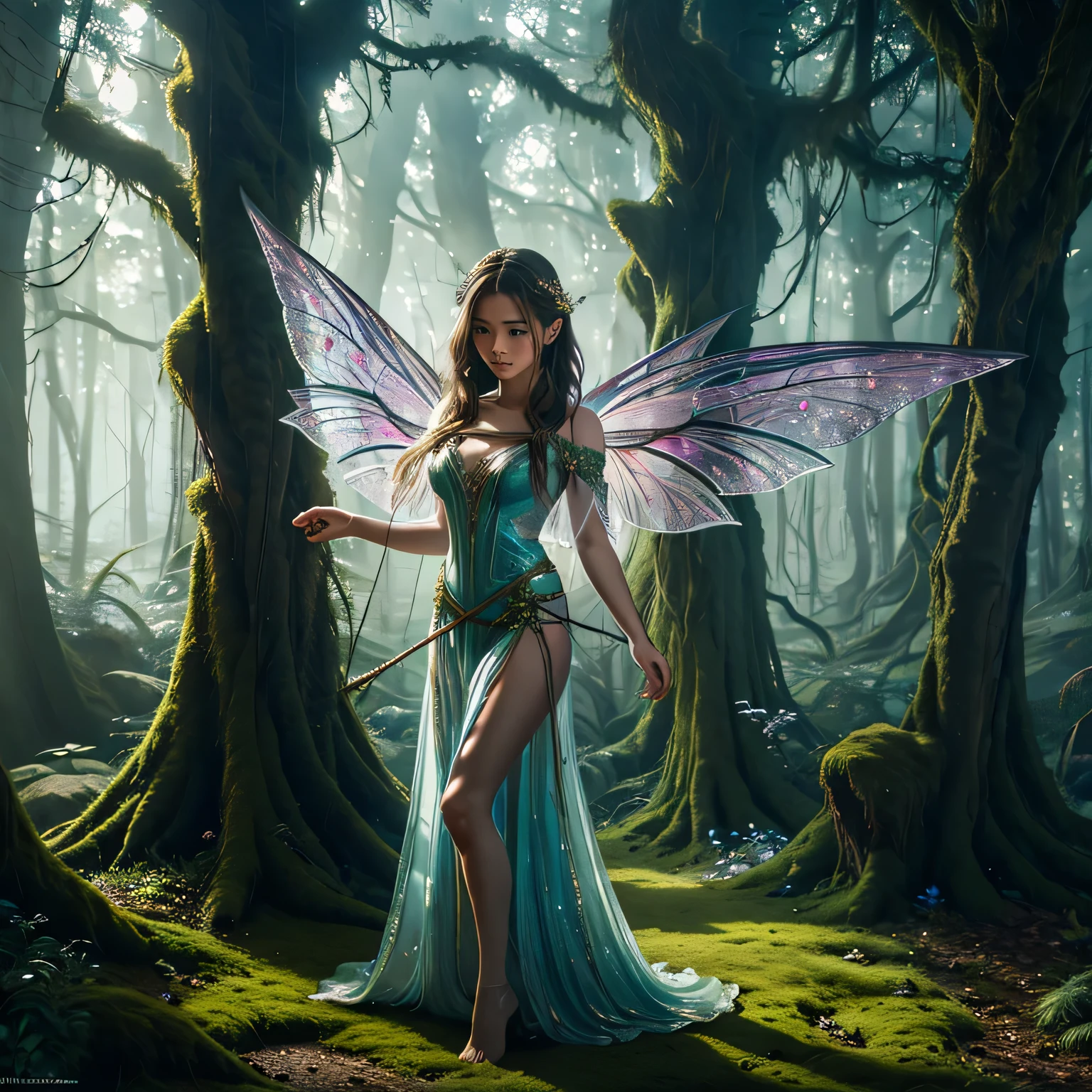 rope, enchanted forest, magical atmosphere, surreal, vibrant colors, soft lighting, ethereal, detailed fairy wings, mischievous expression, dynamic composition, fantasy elements, moss-covered trees, sparkling fairy dust, whimsical, mysterious, intense emotion, suspenseful, hidden treasure, ornate costume, gleaming dagger, suspenseful narrative, delicate features, delicate flowers, dramatic shadows. 

(best quality, highres), enchanted forest scene with a fairy tied up by a female thief. The fairy has intricate wings that shimmer with vibrant colors and delicate details. The thief, with a mischievous expression, is tying the fairy with a rope in a dynamic and suspenseful composition. The forest is filled with moss-covered trees and the atmosphere is magical and surreal. Soft lighting adds to the ethereal and mysterious ambiance. The fairy's delicate features show intense emotions as she struggles against the binds. Whimsical elements like sparkling fairy dust float in the air. The thief wears an ornate costume and holds a gleaming dagger. The scene hints at a hidden treasure and creates a suspenseful narrative. Delicate flowers bloom around the characters, contrasting with the dramatic shadows in the forest.