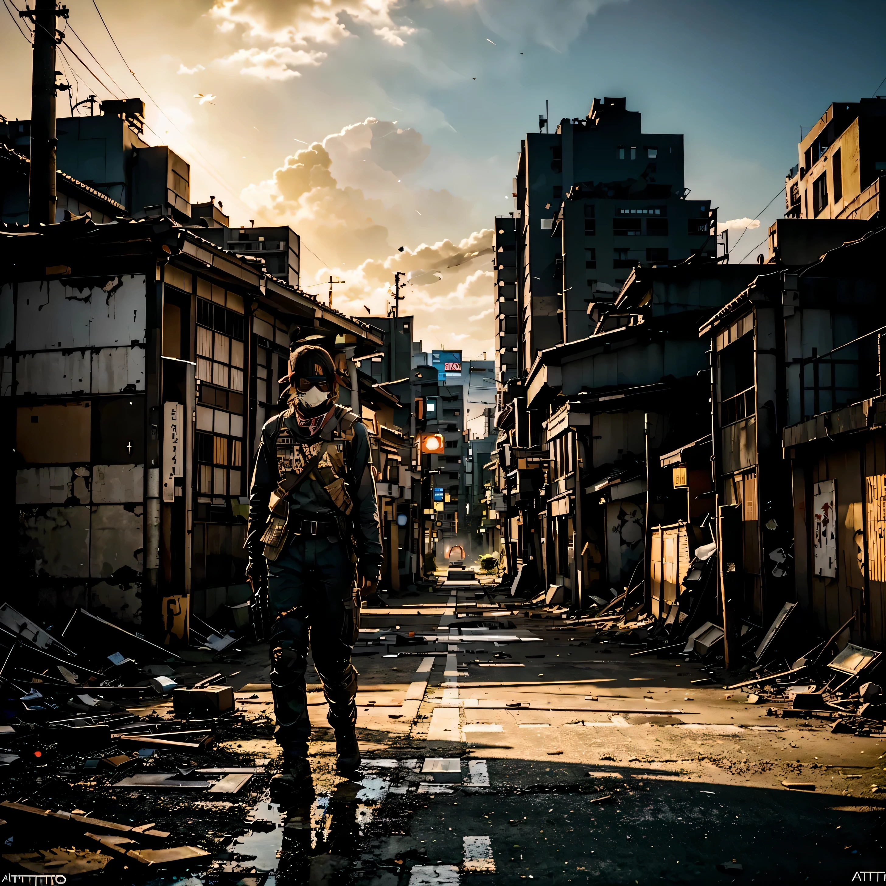 GROUND LEVEL VIEW, ultra realist, A JAPANESE SOLDIER wearing a RYUKO mask, 30 YEARS OLD, with a machine gun, WALK POSE, SUN RISE, STANDS ON STREET OF THE POST-APOCALYPSE RUINED AND DESTROYED TOKYO CITY, HOSTILE ENVIRONMENT, IMPACTFUL VISUAL DESTRUCTION, STYLE THE LAST OF US, outdoor PHOTO, CINEMATIC LIGHTING, PHOTOREALISTIC DETAILS, DYNAMIC SHADOWS ,ATMOSPHERIC EFFECTS, LIFELIKE TEXTURES, HIGH-DEFINITION, IMMERSIVE ENVIRONMENT, SUBTLE COLOR GRADING, AUTHENTIC ATMOSPHERE, DETAILED TEXTURES, GOLDEN HOUR, FANTASY, UNREAL ENGINE 5, ray tracing, award winning photo, MASTERPIECE photograpy, trending on artstation, HDR, UHD, 8K, BY NAUGHTY DOG