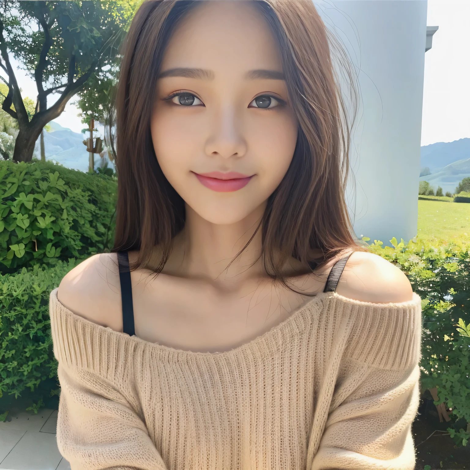 ((highest quality, 8K, masterpiece:1.3)), concentrated:1.2, perfect body beauty:1.4, buttocks:1.2, ((delicate hair)), (Colorful Solid Cold Shoulder Oversized Sweater、 :1.1) , ((highest quality、8K、masterpiece:1.3))、1 girl、A sloppy smile、Full body Esbian、slim face、big 、Beautiful woman、(dark brown hair)、、1.1、Flickering Valley、detailed eyes、double eyelid、blurred background、超slim face、look down、garden、