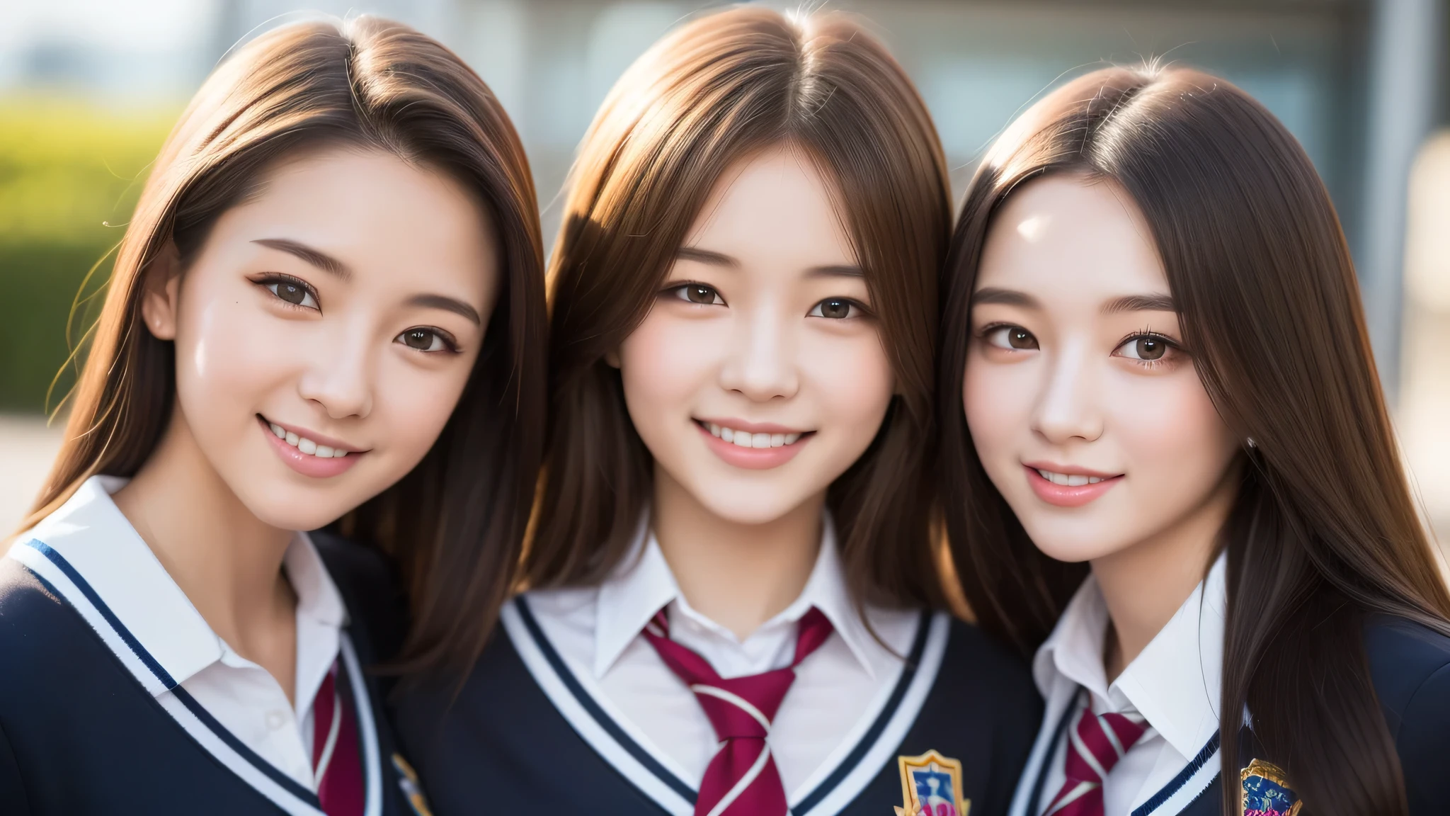 2girl, beautiful girls, enchanting smile, (highly detailed eyes, highly detailed face), Fresh, very clean appearance, (hyper-realistic, hight resolution), (best Quality:1.4), Professional Photography, (high school uniform:1.2), focus on the face, 