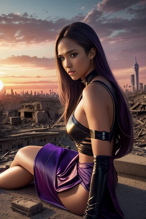 jessica alba、Lying down、torn suit、I'm wearing a skirt、masterpiece, 1 girl, マーベルのサイロックとしてbeautiful女性, X-Men Psylocke Cosplay、purple suit、Fine and delicate features, Futuristic New York Background, Science fiction, blonde, super heroine, heroic, perfect balance, photograph, 超realistic, masterpiece, 8k, large format camera, 110mm lens, dynamic lighting, rim lighting、official art, extremely detailed CG 8K wallpaper, perfect lighting, De color, bright_amount_method_light, piel bright, (masterpiece:1.0), (Better_quality:1.0), ultra high resolution, 4k , Super detailed, director of photography, 8K, HDR, Altas Resolightones, (confused:1.2), kodak portrait 400, film grain, blurred background, (Bokeh:1.2), Lens flare, (lively_color:1.2), プロのphotograph撮影, (beautiful_method:1.5),More detailed 8K.Unreal Engine:1.4,Hmm,La Better calidad:1.4, realistic:1.4, Skin temperature:1.4, masterpiece:1.8,masterpiece, Better calidad,object object], (detailed facial features:1.3),(Anti-sedentary apocalyptic destroyed city:1.4), (Apocalyptic Sunset:1.4)