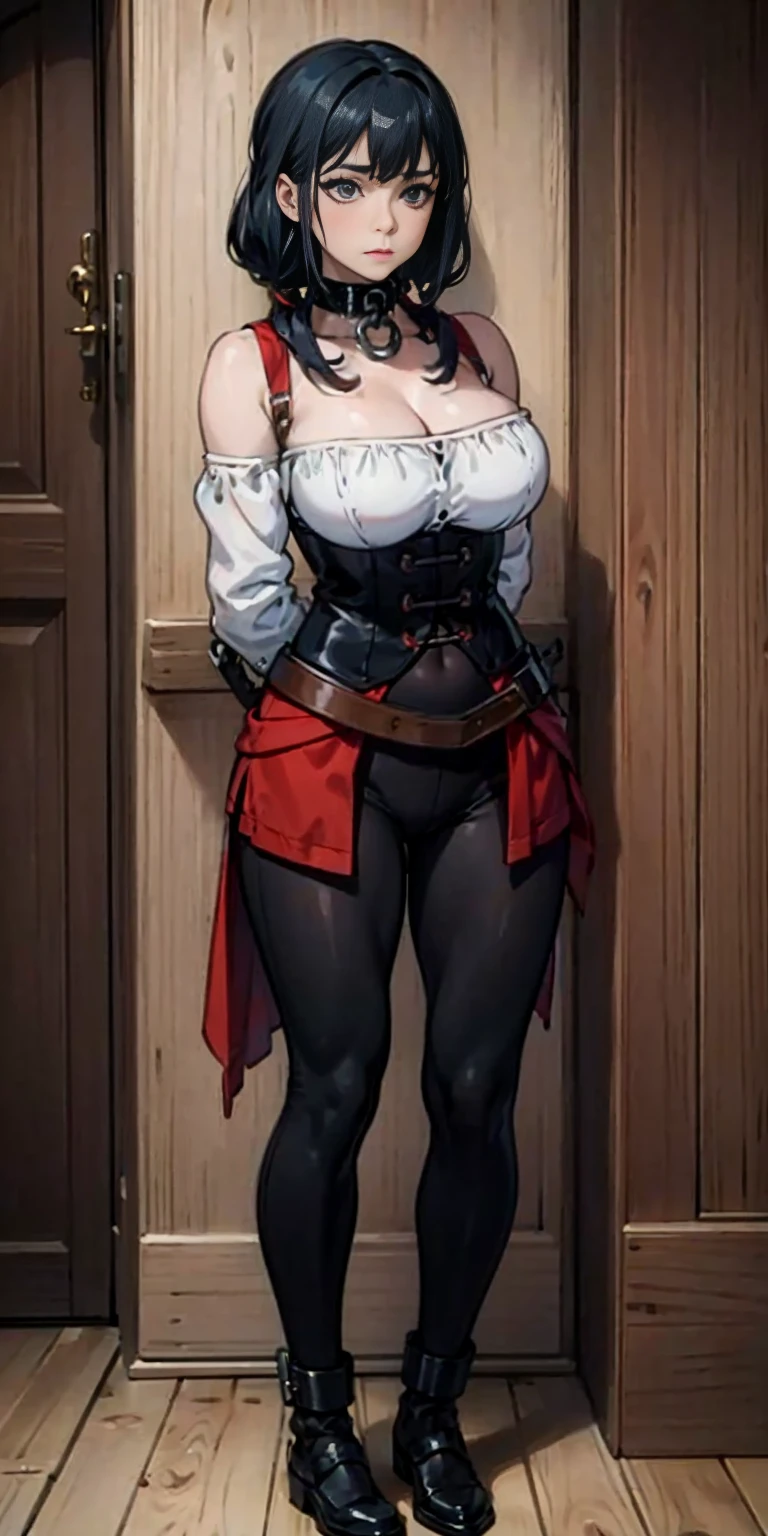 Character: Dark elf skin, extremely huge breasts, maternal ((standing by wooden pole:1.2)) looking from above happy closed mouth ((Dark elf skin)) looks at the viewer smiling, extremely huge breasts, maternal, chest cover with clothes, Blindfolded: NO EYES