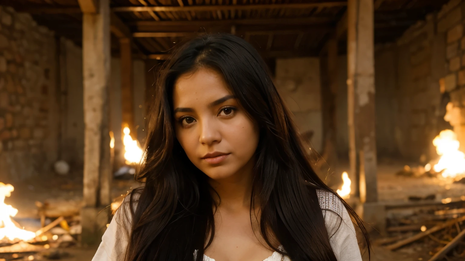 personaje femenino con la mirada cansada, tez morena, sucia, cabello desarreglado, ropa desarreglada, sucia y rota, esta mujer tiene aspecto de indigente, toda puerca con un fondo todo culero, casi parece como si estuviera enferma, es una reportera mexicana que vive en un mundo postapocaliptico