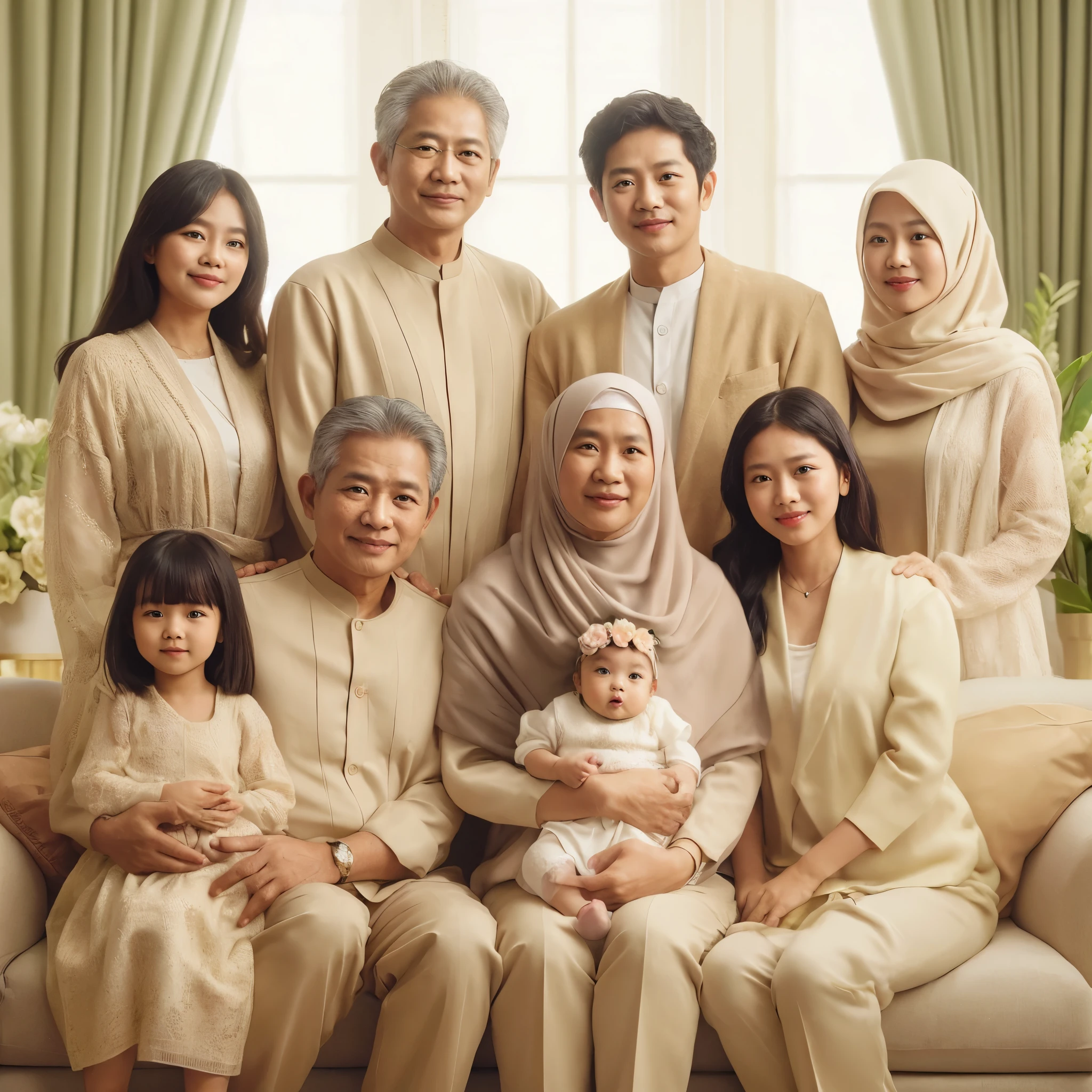 Family photo in Indonesia, nine members, one 55-year-old father carrying a 4-year-old daughter, one 50-year-old mother carrying a 1-year-old baby girl, 3 adult women (nice hair), two adult men. They all wear matching luxurious cream-colored outfits, taken at a photo studio in a bright living room with daylight illumination, green flower vase, realistic, ultra HD, 16k.