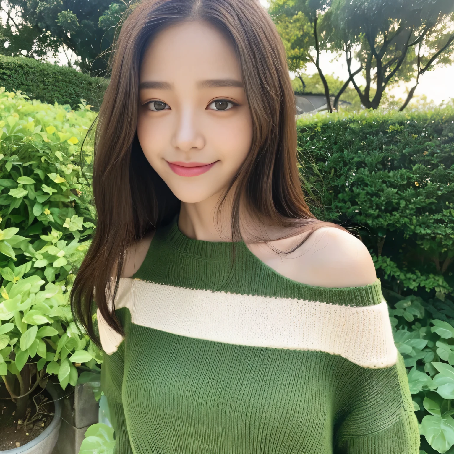 ((highest quality, 8K, masterpiece:1.3)), concentrated:1.2, perfect body beauty:1.4, buttocks:1.2, ((delicate hair)), (Colorful Solid Cold Shoulder Oversized Sweater、 :1.1) , ((highest quality、8K、masterpiece:1.3))、1 girl、A sloppy smile、Full body Esbian、slim face、big 、Beautiful woman、(dark brown hair)、、1.1、Flickering Valley、detailed eyes、double eyelid、blurred background、超slim face、look down、garden、