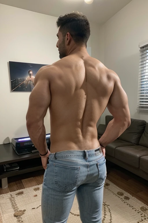 Realistic 8K image of a 33-year-old man, rubio, Fuerte, musculoso y muy nalgon, cuerpo completo, cabello corto, Vestido con una camiseta blanca y jeans, de pie en la sala de estar de un apartamento sencillo, escena nocturna. Manly backside 