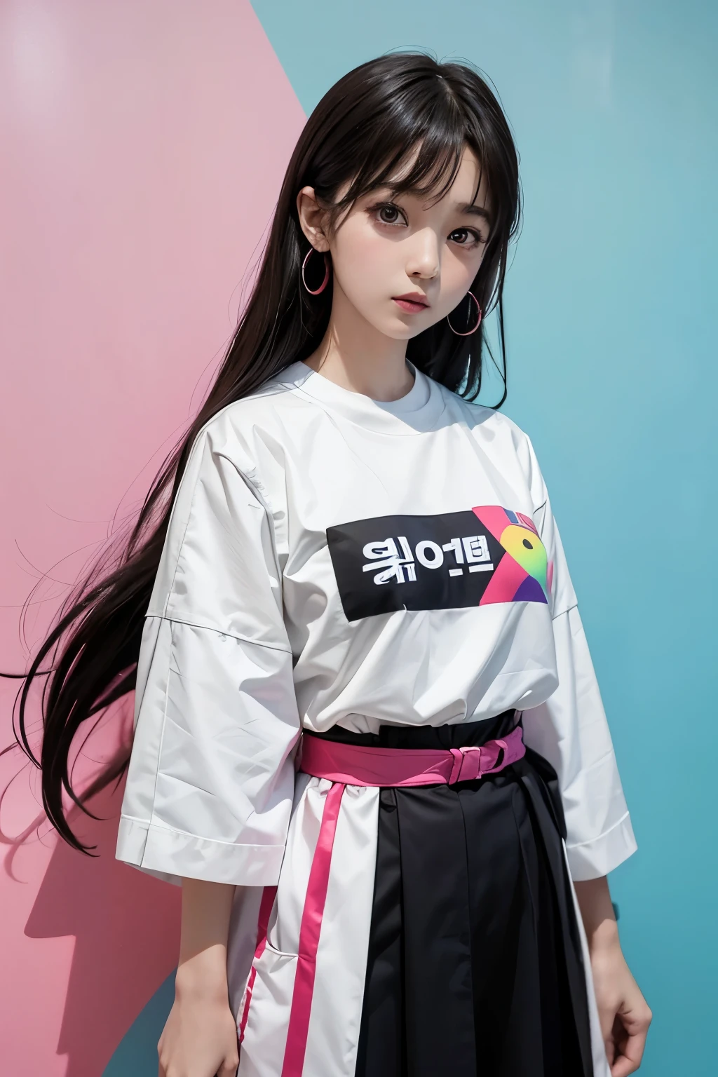 Arapé girl wearing multi-colored casual clothes in front of a colorful background, official artwork, still promotion, official art, Photo shoot, Promotional photos, Aya Takano Color Style, Chiho, Promotional art, promo shot, colorful photos, promo still, Promotional images, Photo shoot, best artist, Portrait of Korean twenties, Random Actions,