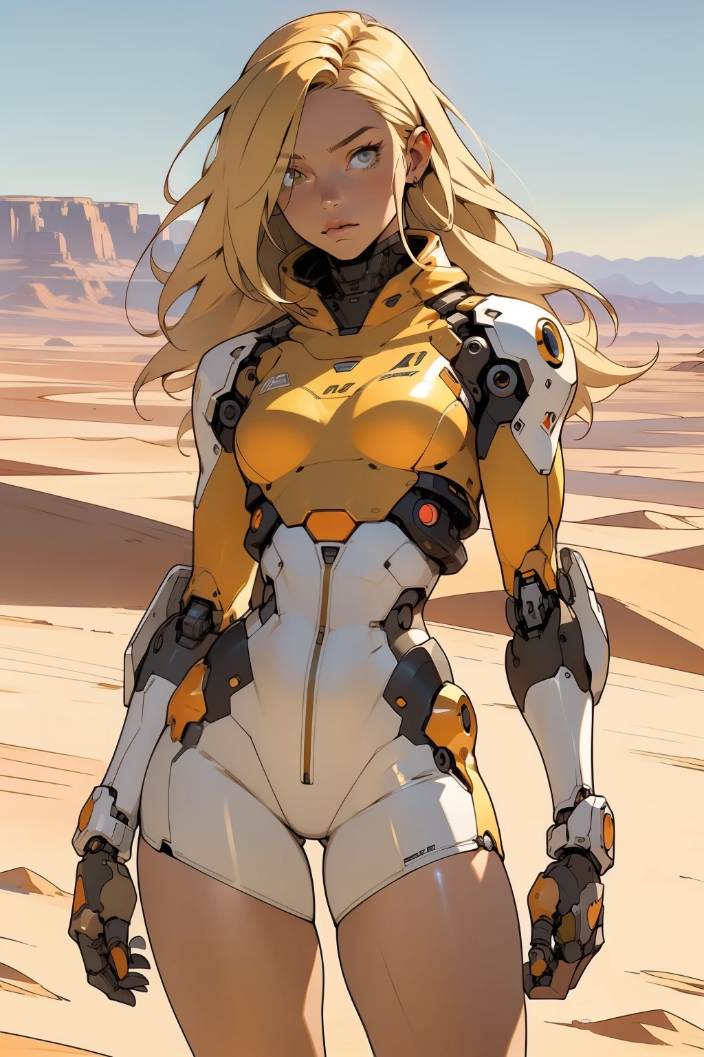 high quality, 4k, masterpiece, beautiful, cyborg girl, cowboy shot, dull eyes, front, looking at viewer, long blonde hair, girl, small breasts, fit thighs, robotic arms, robotic body, cyborg body, white & yellow uniform, orange accent, intricate detail, joint, detailed lines, robotic detail, holding fist up, holding hand up as fist, color robotic parts, robotic parts with color, perfect fingers, on a desert planet, sunny background, colorful desert, a river or a lake in the background, slender thighs, skinny thighs,