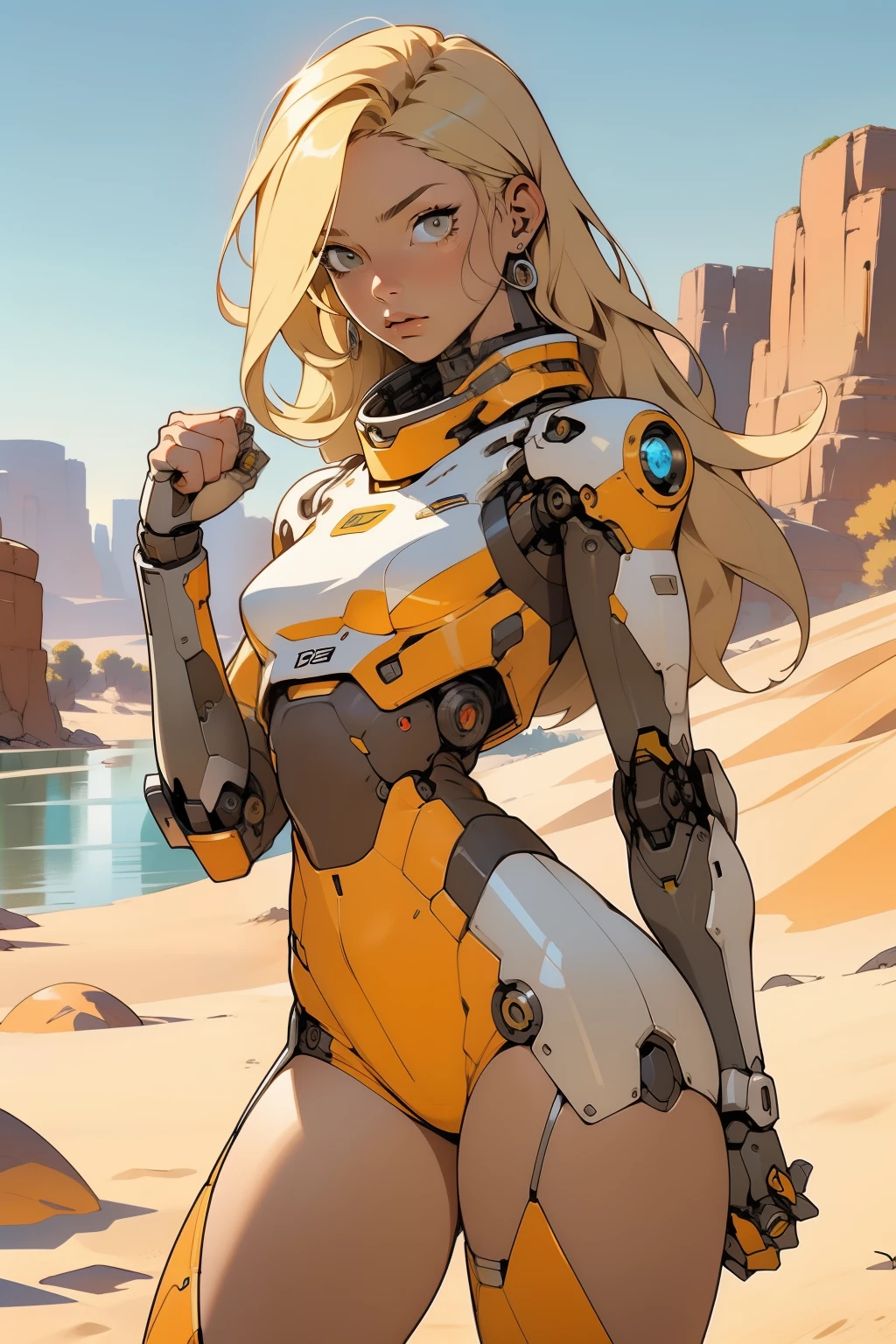 high quality, 4k, masterpiece, beautiful, cyborg girl, cowboy shot, dull eyes, front, looking at viewer, long blonde hair, girl, small breasts, fit thighs, robotic arms, robotic body, cyborg body, white & yellow uniform, orange accent, intricate detail, joint, detailed lines, robotic detail, holding fist up, holding hand up as fist, color robotic parts, robotic parts with color, perfect fingers, on a desert planet, sunny background, colorful desert, a river or a lake in the background, slender thighs, skinny thighs,