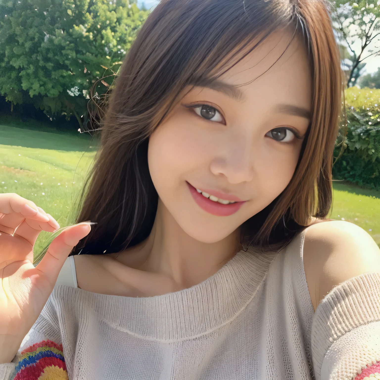((highest quality, 8K, masterpiece:1.3)), concentrated:1.2, perfect body beauty:1.4, buttocks:1.2, ((delicate hair)), (Colorful Solid Cold Shoulder Oversized Sweater、 :1.1) , ((highest quality、8K、masterpiece:1.3))、1 girl、A sloppy smile、Full body Esbian、slim face、big 、Beautiful woman、(dark brown hair)、、1.1、Flickering Valley、detailed eyes、double eyelid、blurred background、超slim face、look down、garden、