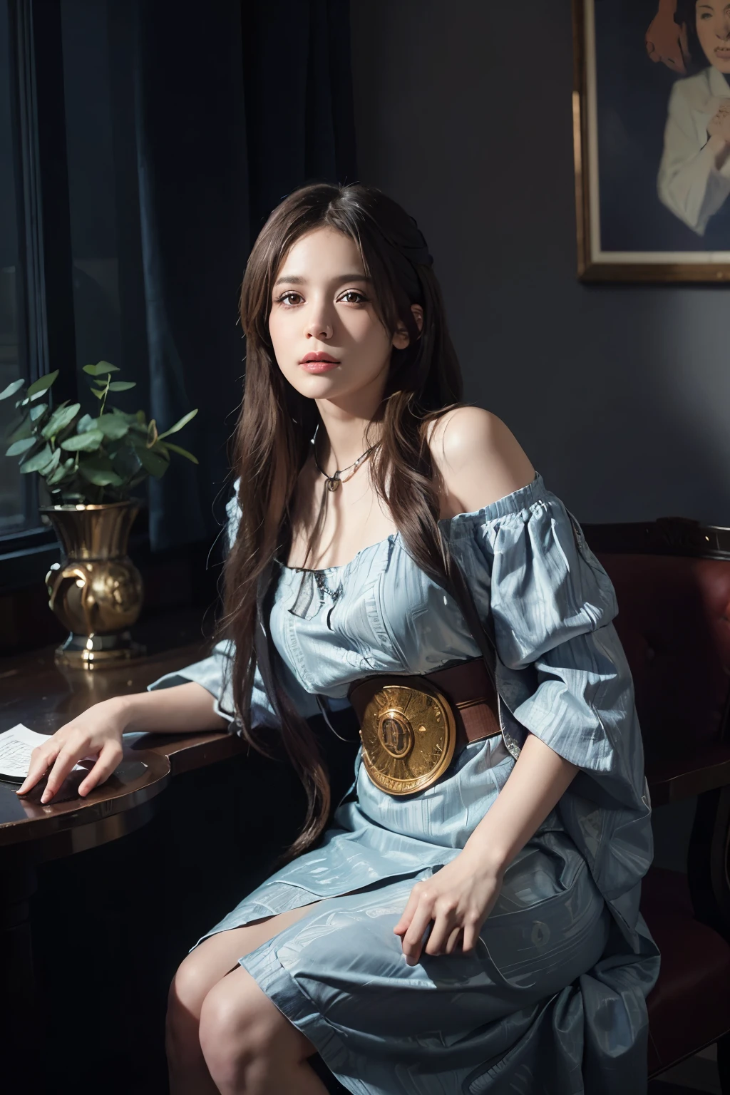 Surrealist portraits of women by David Hockney and Alphonse Mucha,fantasy art, photo-realistic, dynamic lighting, art station, poster, volume lighting, highly detailed face, 4k, Award history,, 1 girl, in the dark, deep shadow, discreet key,cowboy shot,(official attire:1.4) ,long hair,gray hair,