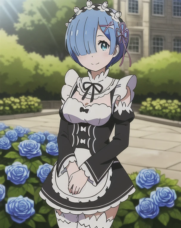 masterpiece, best quality, ultra-detailed, illustration, epic lighting, cinematic composition, colorful, anime, 2d, (finely detailed beautiful eyes: 1.2), 1girl, rem_\(re:zero\), cute, medium breasts, blue hair, short hair, (hair over one eye:1.3), blue eyes, roswaal_mansion_maid_uniform, apron, white thighhighs, standing, smile, closed mouth, cowboy shot, fantasy, summer, blue flowers, garden, blue roses, sunlight, peaceful, serenity, (8k:1.1)  