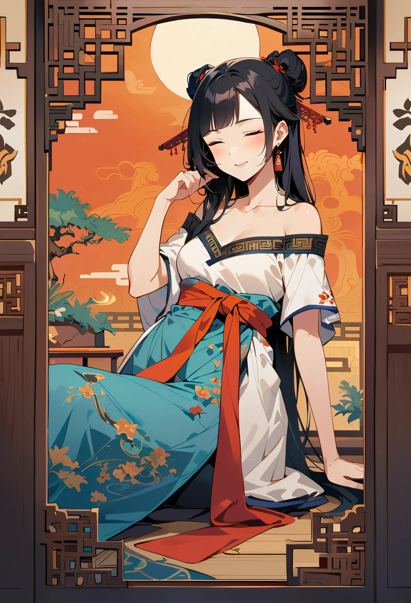 A Chinese beauty, wearing an off-the-shoulder white dress with a red sash around her waist and long black hair, lying on an orange clothed bed in an ancient Chinese room, eyes closed, red earrings hanging from her ears, a full body photo with real skin texture and real details of facial features, in the style of an ancient Chinese artist.