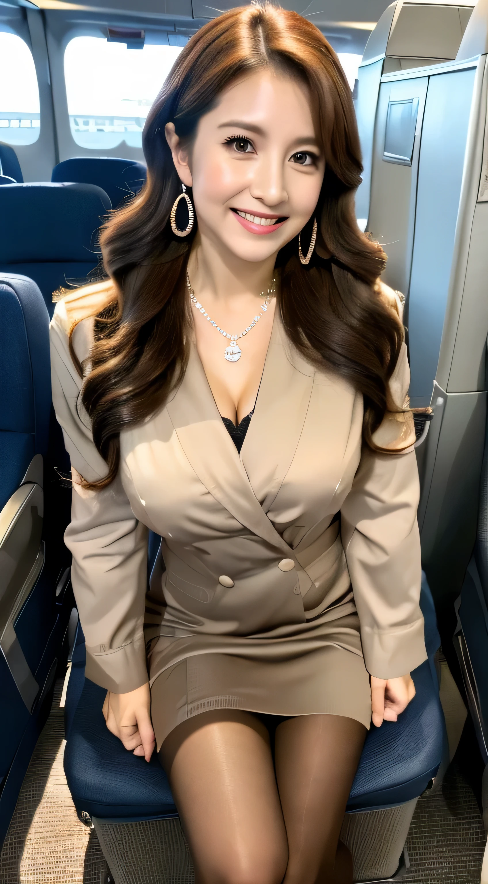 Ulchan-6500-v1.1, (Raw photo:1.2), (Photoreal), beautiful, (genuine: 1.4), very detailedな目と顔, beautiful and fine eyes, standing in the office、(super realistic pantyhose、high heels)、standing cross-legged、huge file size, High resolution, very detailed, highest quality, [masterpiece:1.6], enlightenment, very detailed, nffsw, finely, highest quality, 8k wallpaper, movie lighting, 1 milf, 43 years old, perfect body shape, cute drooping eyes,Beautiful big eyes、pick finger, ((table top)), highest quality, 1 milf, eye shadow, portrait, ((full body shot:1.4))、(very affectionate smile:1.2)、((brown super long hair:1.2))((Loosely wavy hair:1.3))((stewardess uniform:1.2))((silver Necklace＿big earrings:1.3))