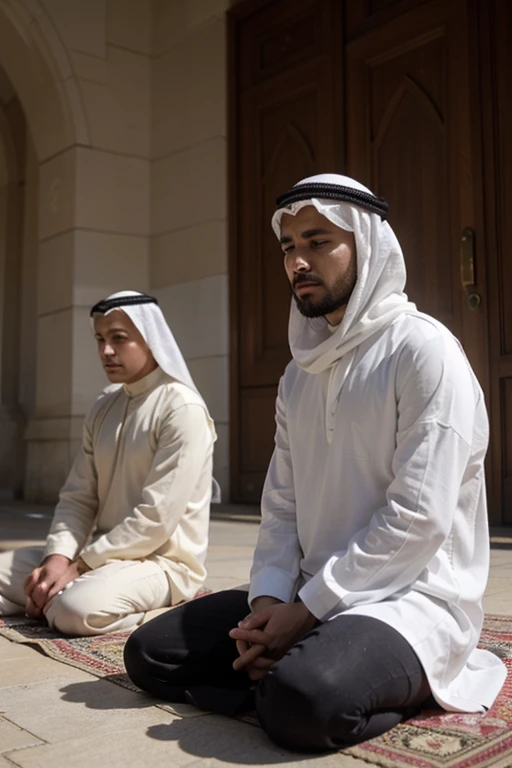 Two Arab men wearing white go to mosque to perform pray and other recite Quran in sit position 