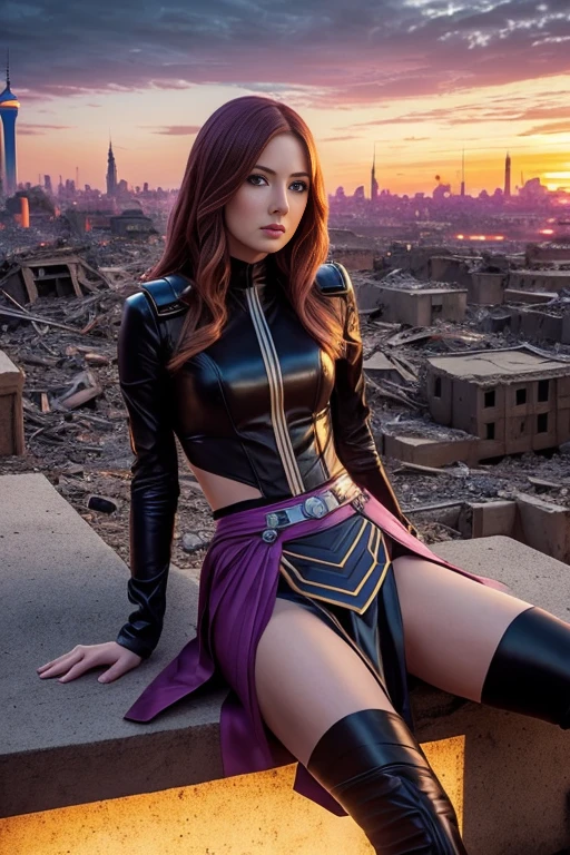 Karen Gillan、Lying down、torn suit、I'm wearing a skirt、masterpiece, 1 girl, マーベルのサイロックとしてbeautiful女性, X-Men Psylocke Cosplay、purple suit、Fine and delicate features, Futuristic New York Background, Science fiction, blonde, super heroine, heroic, perfect balance, photograph, 超realistic, masterpiece, 8k, large format camera, 110mm lens, dynamic lighting, rim lighting、official art, extremely detailed CG 8K wallpaper, perfect lighting, De color, bright_amount_method_light, piel bright, (masterpiece:1.0), (Better_quality:1.0), ultra high resolution, 4k , Super detailed, director of photography, 8K, HDR, Altas Resolightones, (confused:1.2), kodak portrait 400, film grain, blurred background, (Bokeh:1.2), Lens flare, (lively_color:1.2), プロのphotograph撮影, (beautiful_method:1.5),More detailed 8K.Unreal Engine:1.4,Hmm,La Better calidad:1.4, realistic:1.4, Skin temperature:1.4, masterpiece:1.8,masterpiece, Better calidad,object object], (detailed facial features:1.3),(Anti-sedentary apocalyptic destroyed city:1.4), (Apocalyptic Sunset:1.4)