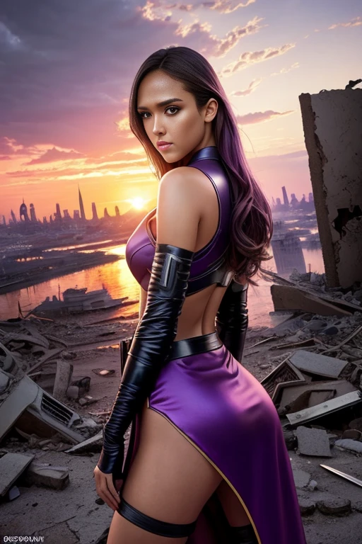 jessica alba、torn suit、I'm wearing a skirt、masterpiece, 1 girl, マーベルのサイロックとしてbeautiful女性, X-Men Psylocke Cosplay、purple suit、Fine and delicate features, Futuristic New York Background, Science fiction, blonde, super heroine, heroic, perfect balance, photograph, 超realistic, masterpiece, 8k, large format camera, 110mm lens, dynamic lighting, rim lighting、official art, extremely detailed CG 8K wallpaper, perfect lighting, De color, bright_amount_method_light, piel bright, (masterpiece:1.0), (Better_quality:1.0), ultra high resolution, 4k , Super detailed, director of photography, 8K, HDR, Altas Resolightones, (confused:1.2), kodak portrait 400, film grain, blurred background, (Bokeh:1.2), Lens flare, (lively_color:1.2), プロのphotograph撮影, (beautiful_method:1.5),More detailed 8K.Unreal Engine:1.4,Hmm,La Better calidad:1.4, realistic:1.4, Skin temperature:1.4, masterpiece:1.8,masterpiece, Better calidad,object object], (detailed facial features:1.3),(Anti-sedentary apocalyptic destroyed city:1.4), (Apocalyptic Sunset:1.4)