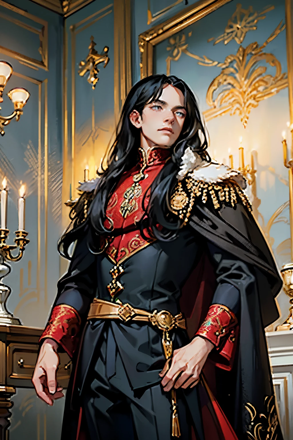 ((masterpieces)), best quality, outstanding illustration, soft focus, romanticism, opulent and exquisite atmosphere, soft light and warm lighting, 1men, Tall and lean, with a regal bearing.
Jet-black hair, swept back .
Piercing blue eyes , misterious.
italian renaisance crimson velvet outfit , intricate gold embroidery. 