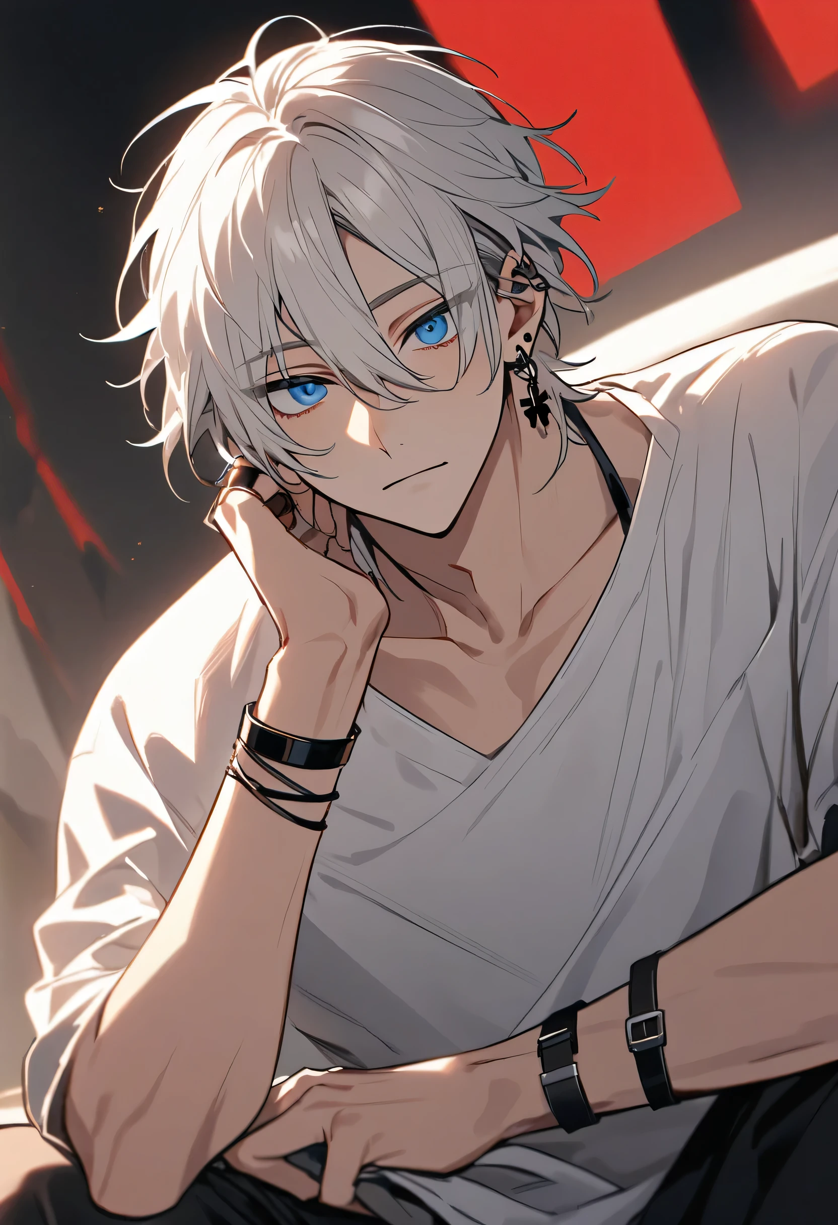 A thin young man of the age of twenty, he has blue eyes, his eyes look confident, he has white hair, his hair stops before his shoulders, his hair is messy but this messiness gives him a certain style, he wears a white Poloshirt, he wears black pants, he wears three rings on each finger, he wears black cross earrings, he wears three black bracelets on the right wrist, he wears a plain dark brown watch on his left wrist