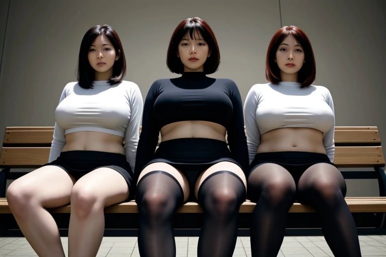3 mature women, gigantic breasts, microskirt, cropped tops, underboob, fullbody shot, sitting on bench, spreading tights, leg apart, front view from below