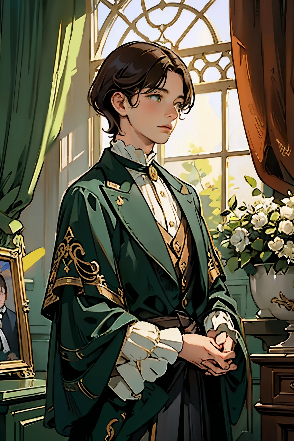 ((masterpieces)), best quality, outstanding illustration, soft focus, romanticism, opulent and exquisite atmosphere, soft light and warm lighting, 1men,
Dark brown hair, cropped short hair,
green eyes,
italian renaisance men outfit , brightly colored silk doublet adorned with ribbons and jewels.